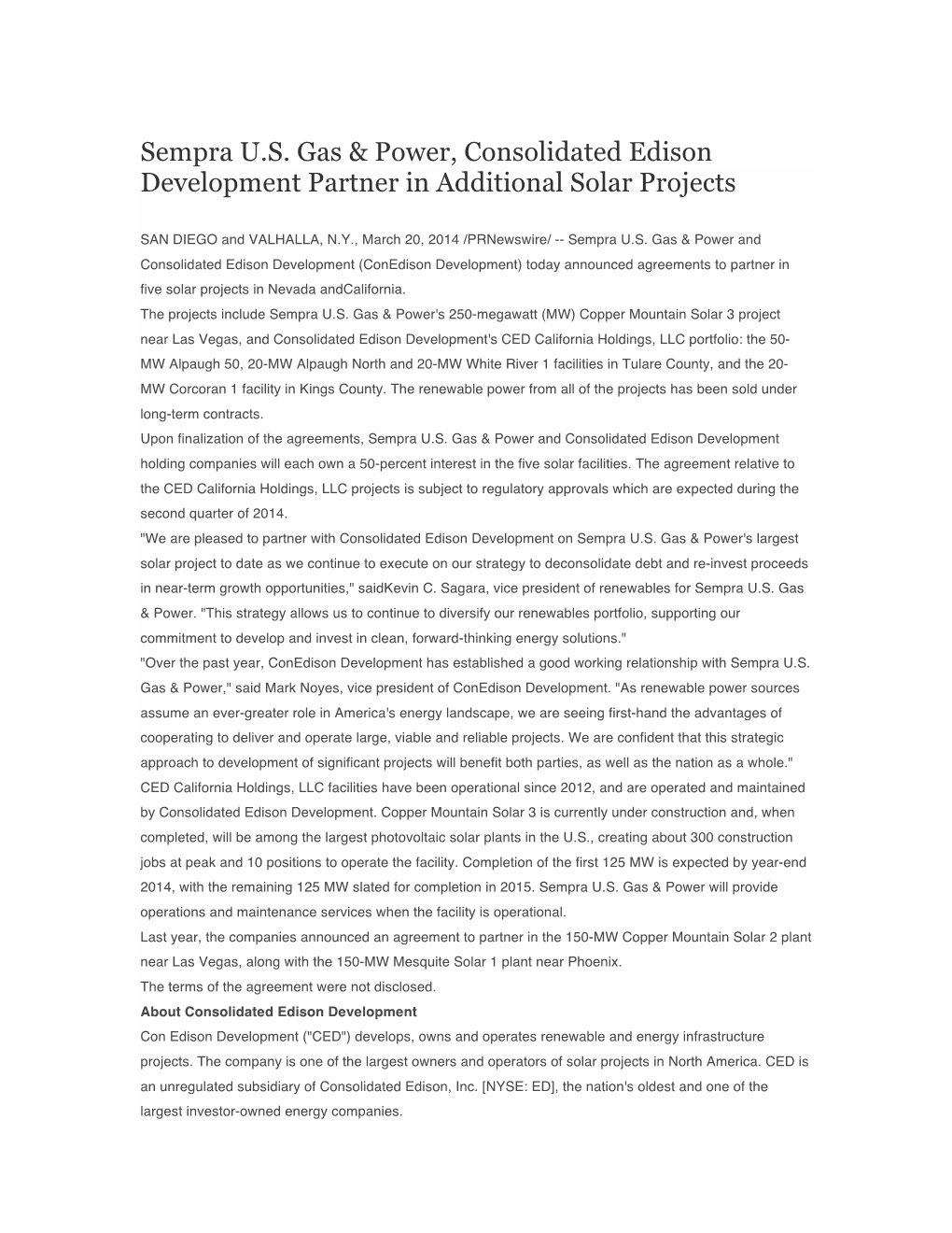 Sempra U.S. Gas & Power, Consolidated Edison Development Partner in Additional Solar Projects
