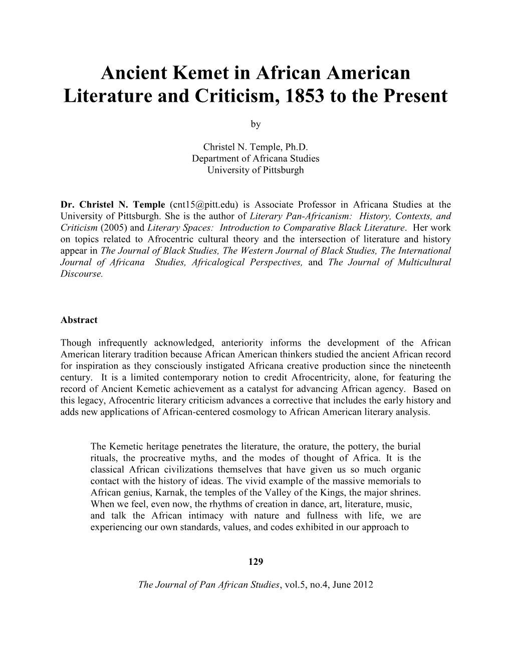 Ancient Kemet in African American Literature and Criticism, 1853 to the Present