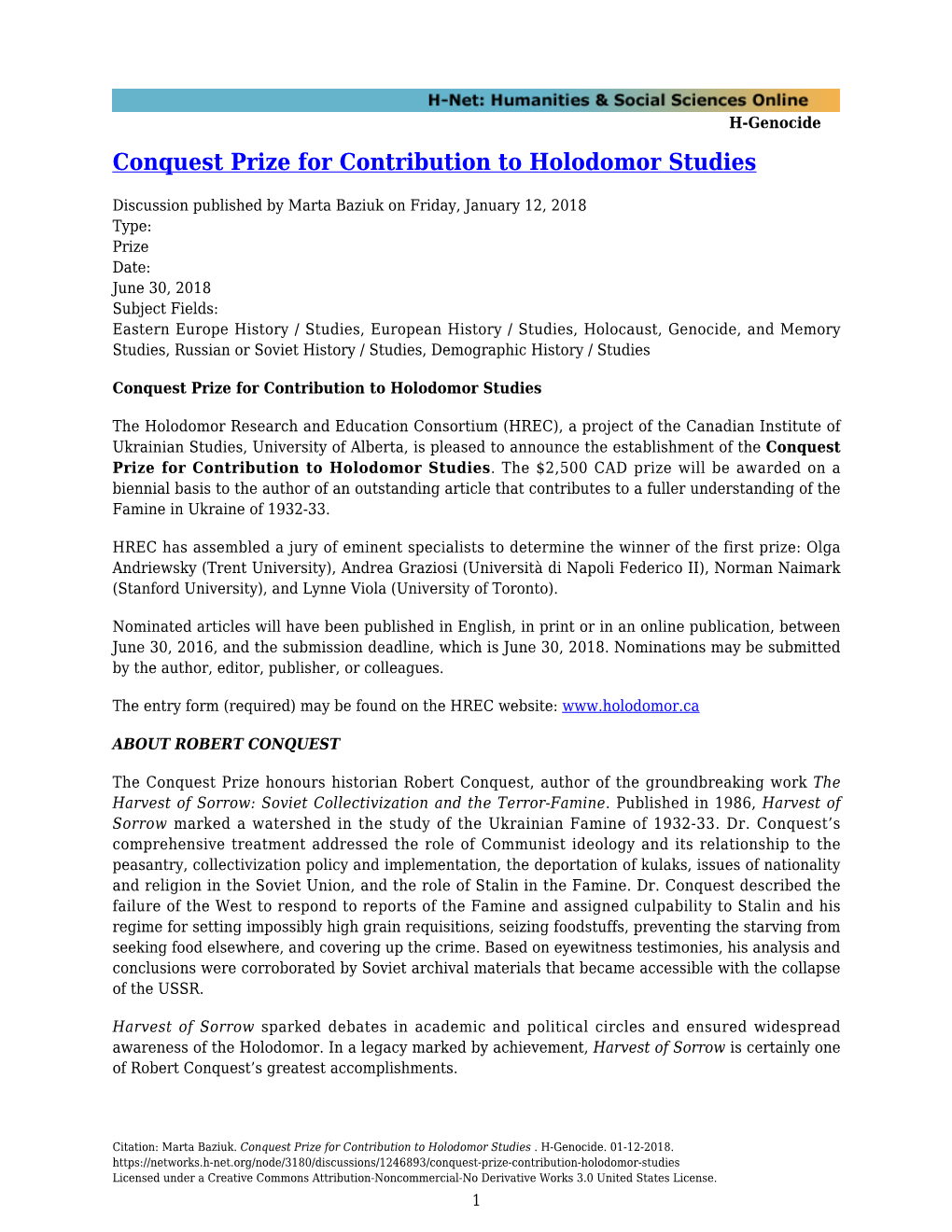 Conquest Prize for Contribution to Holodomor Studies