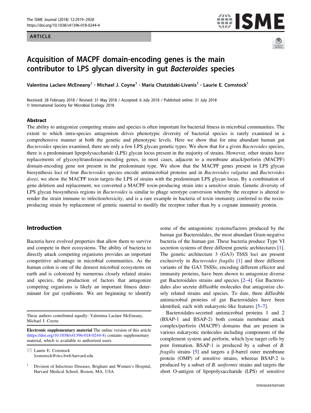 Acquisition of MACPF Domain-Encoding Genes Is the Main Contributor to LPS Glycan Diversity in Gut Bacteroides Species