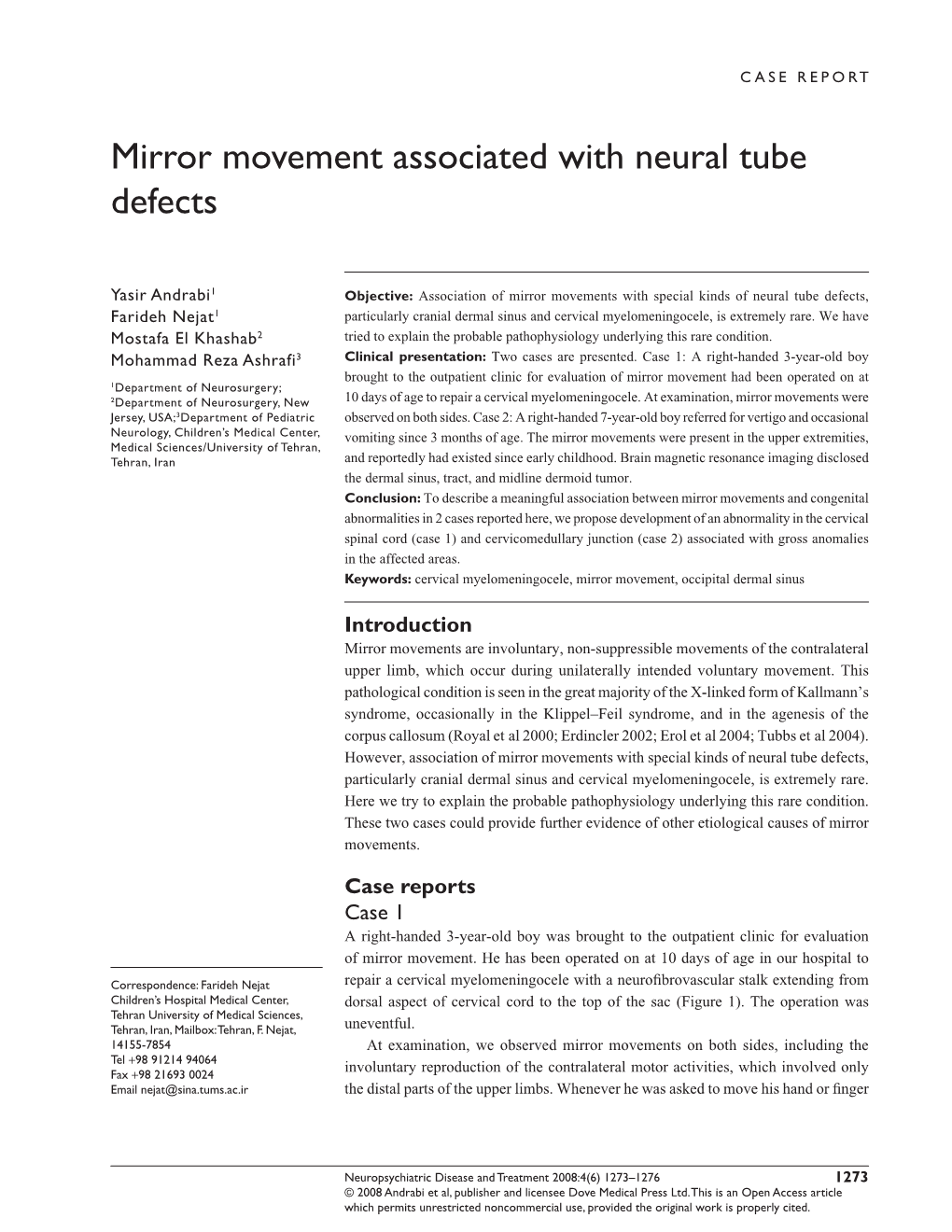 Mirror Movement Associated with Neural Tube Defects