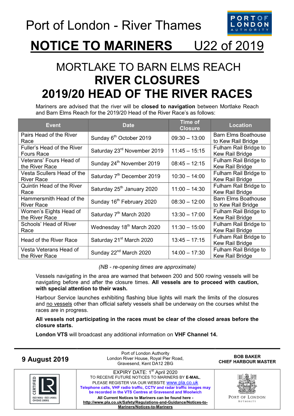 River Closures 2019/20 Head of the River Races