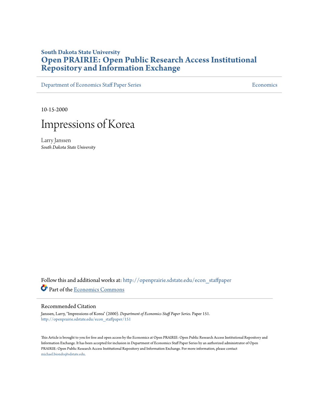 Impressions of Korea Larry Janssen South Dakota State University