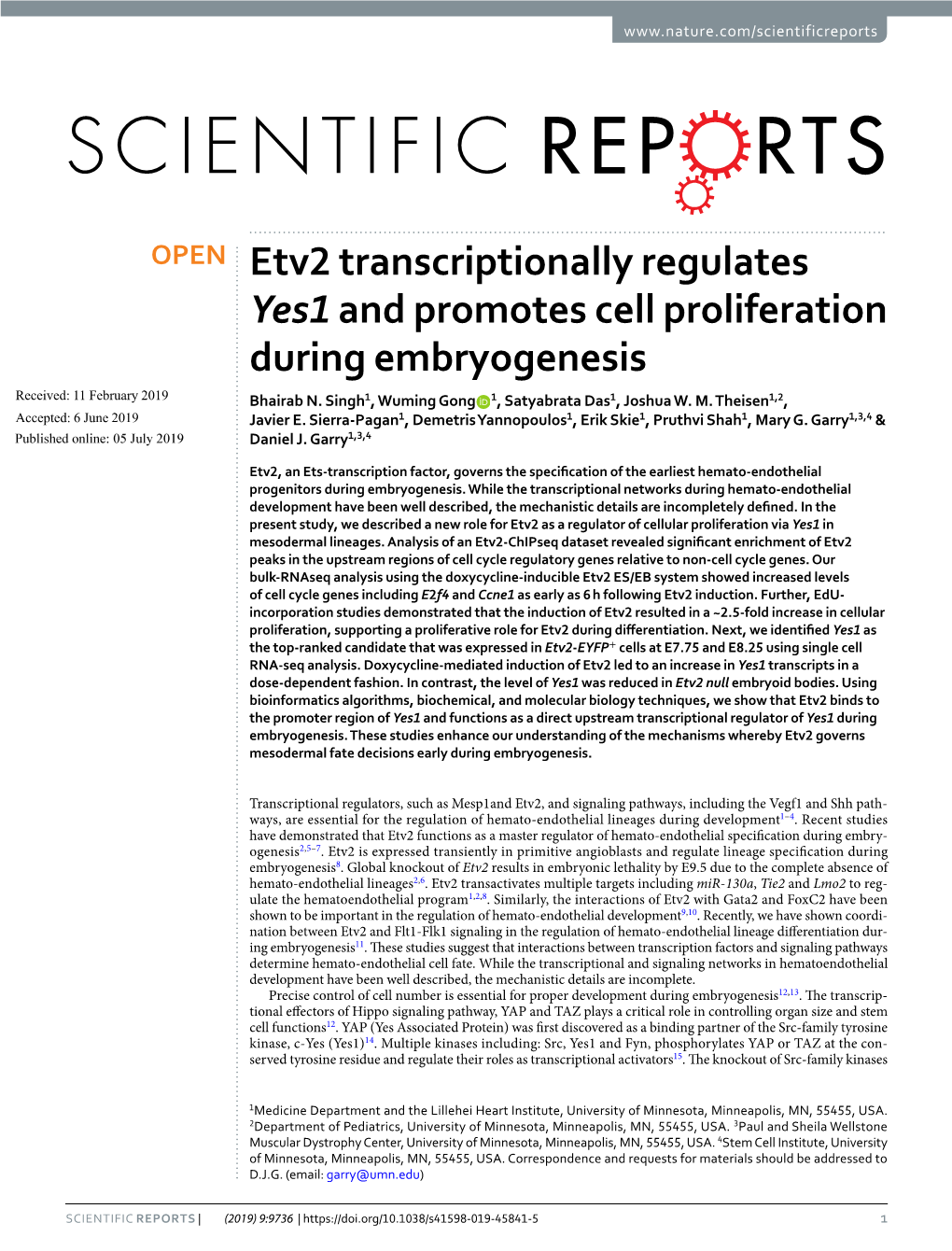 Etv2 Transcriptionally Regulates Yes1 and Promotes Cell Proliferation During Embryogenesis Received: 11 February 2019 Bhairab N