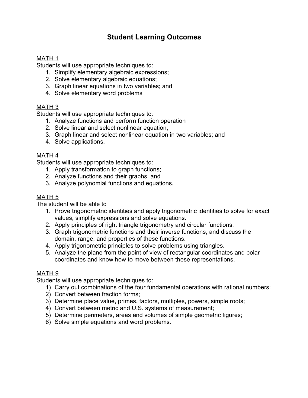 MATH Student Learning Outcomes