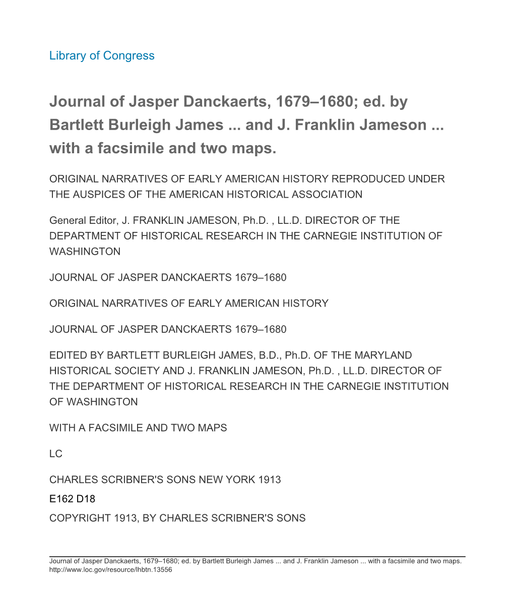 Journal of Jasper Danckaerts, 1679–1680; Ed. by Bartlett Burleigh James