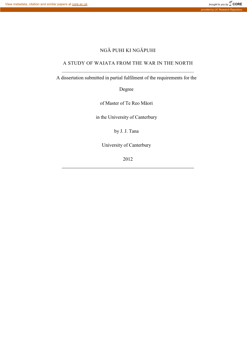 Ngā Puhi Ki Ngāpuhi a Study of Waiata from the War