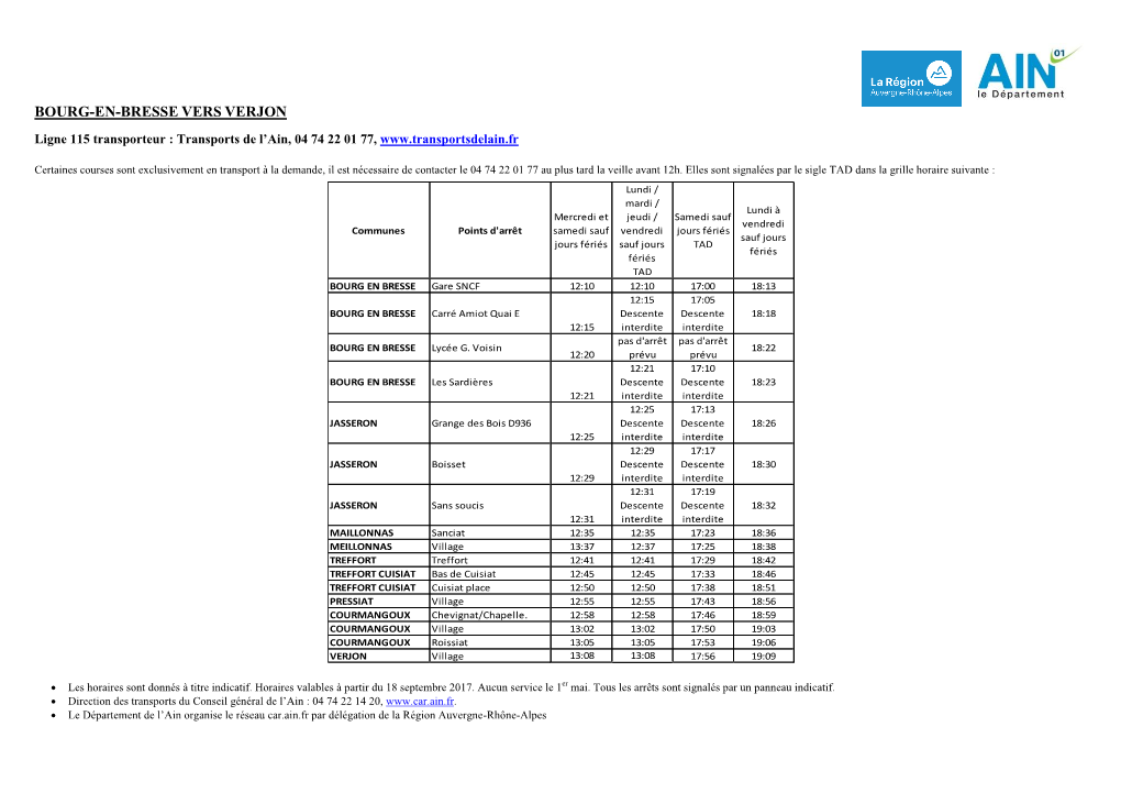 Ligne 115 Bourg-En-Bresse Vers Verjon