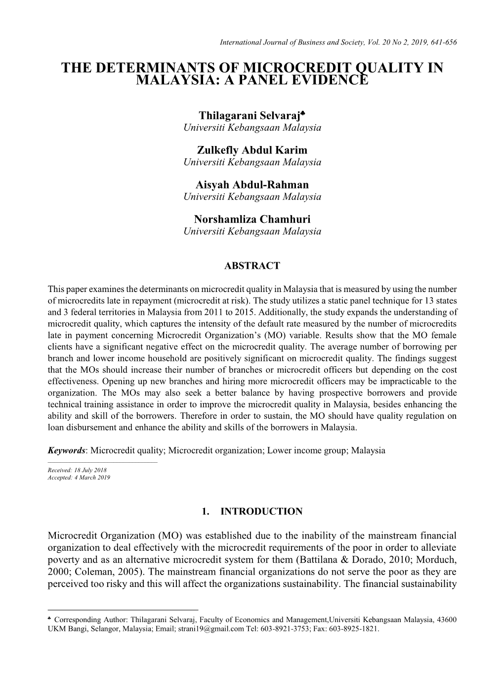 The Determinants of Microcredit Quality in Malaysia: a Panel Evidence