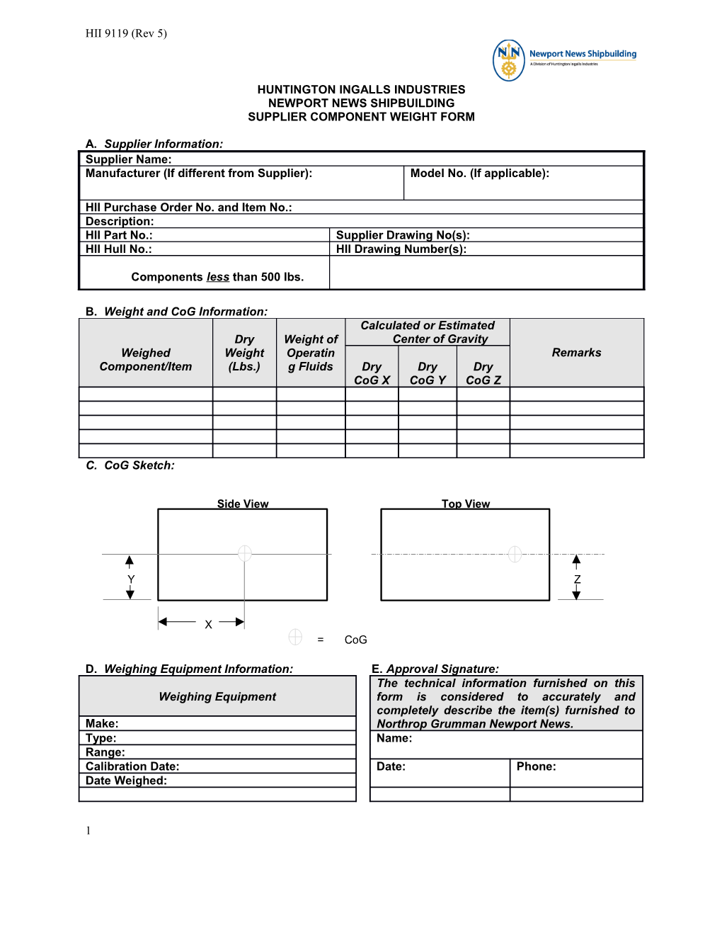 Supplier Component Weight Form