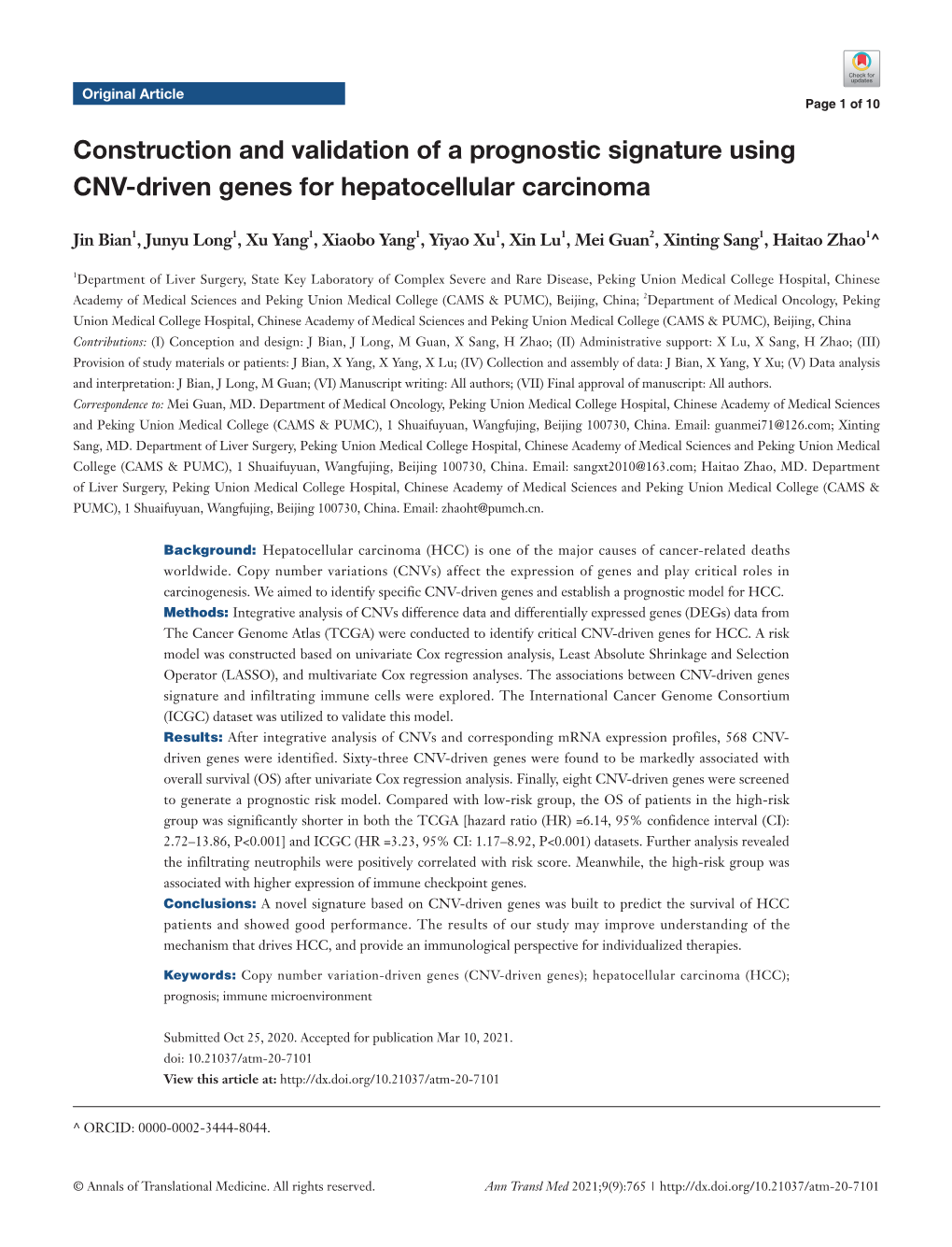 Construction and Validation of a Prognostic Signature Using CNV-Driven Genes for Hepatocellular Carcinoma