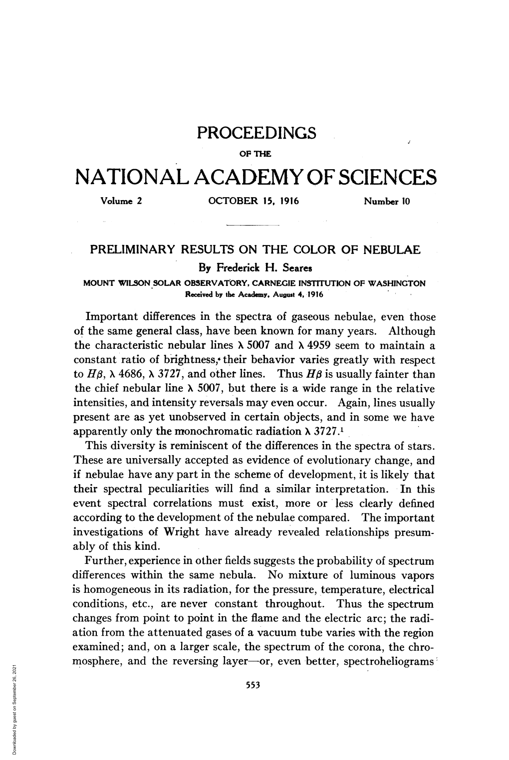 PRELIMINARY RESULTS on the COLOR of NEBULAE by Frederick H