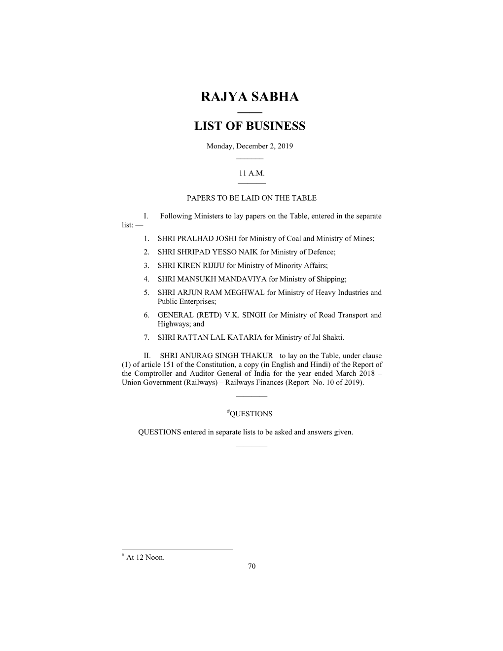 Rajya Sabha —— List of Business