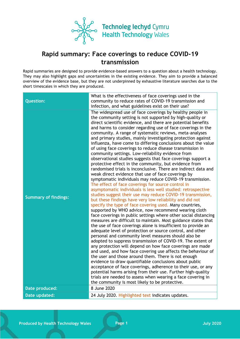 Rapid Summary: Face Coverings to Reduce COVID-19 Transmission Rapid Summaries Are Designed to Provide Evidence-Based Answers to a Question About a Health Technology