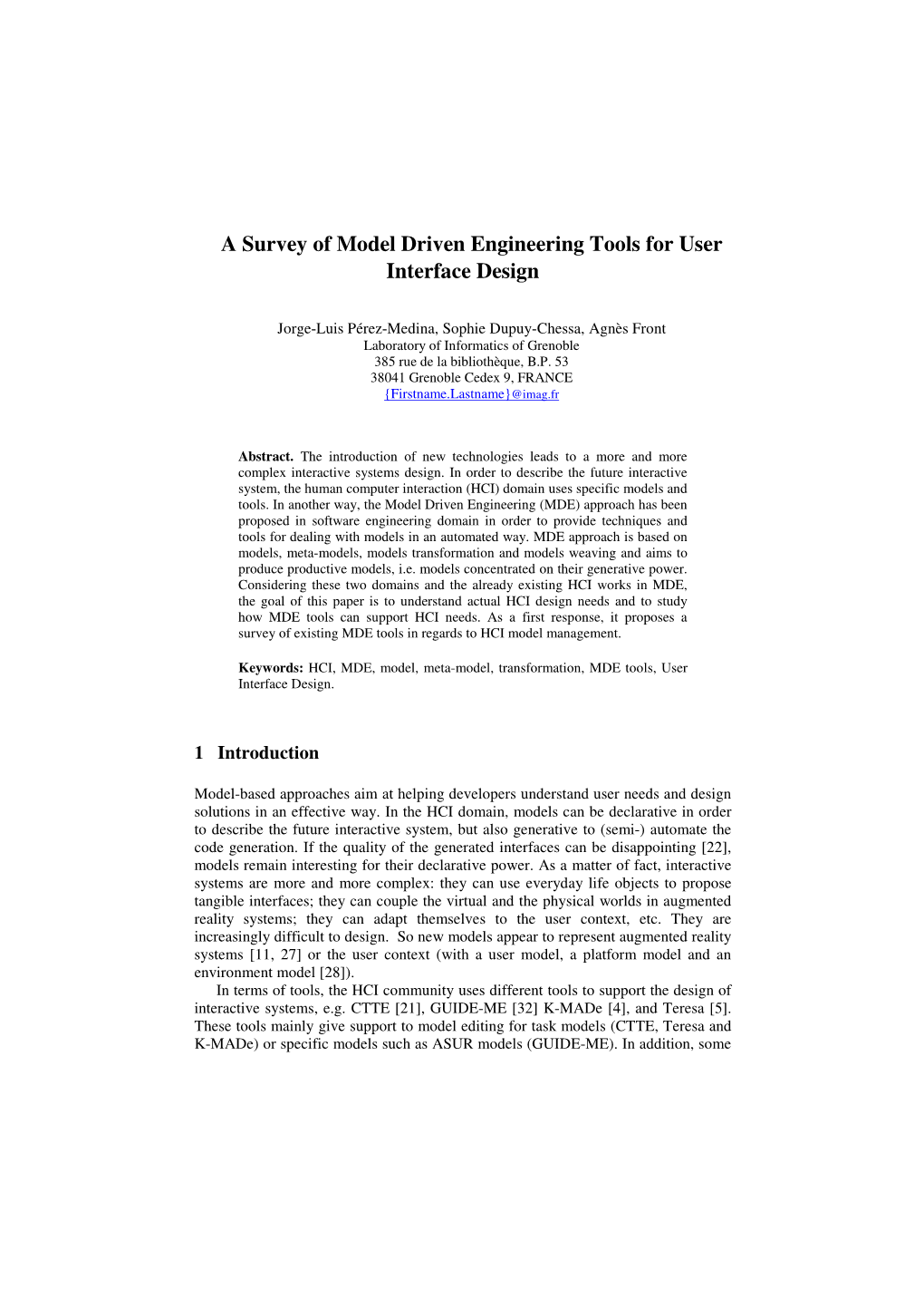 A Survey of Model Driven Engineering Tools for User Interface Design