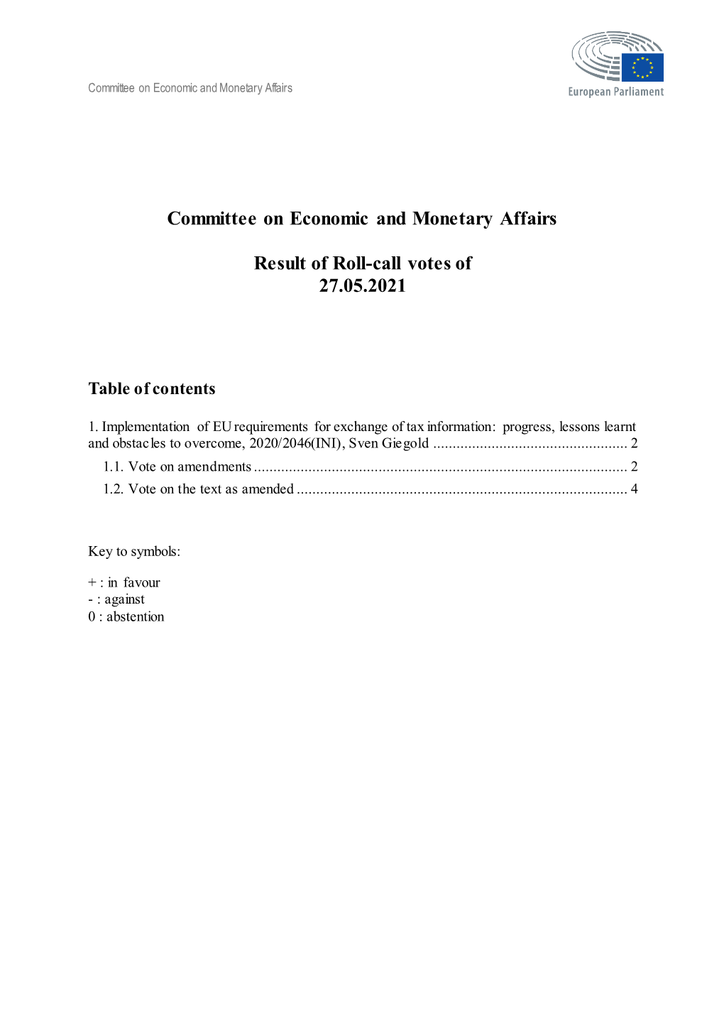 Committee on Economic and Monetary Affairs Result of Roll-Call