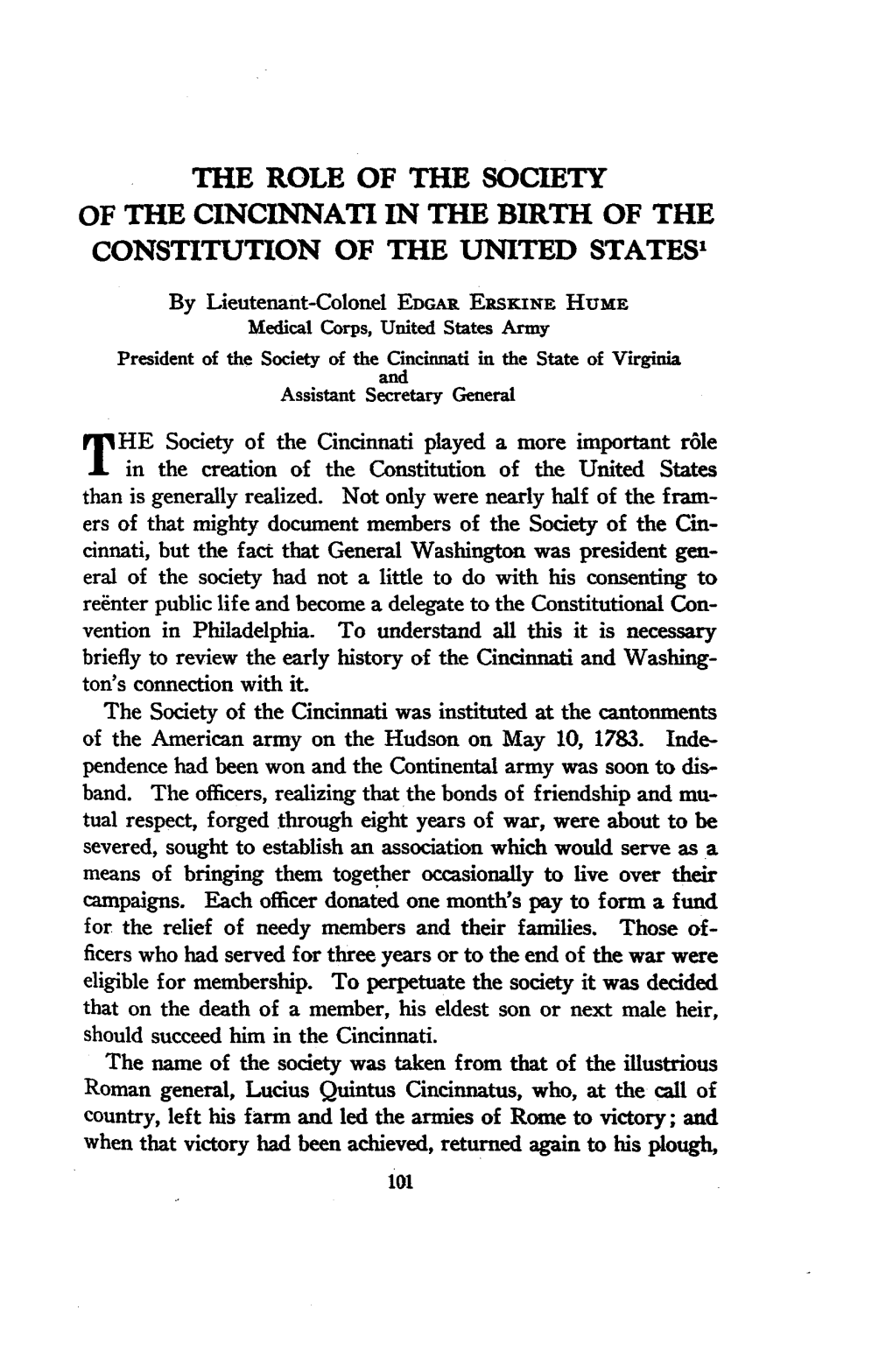 The Role of the Society of the Cincinnati in the Birth of the Constitution of the United States"