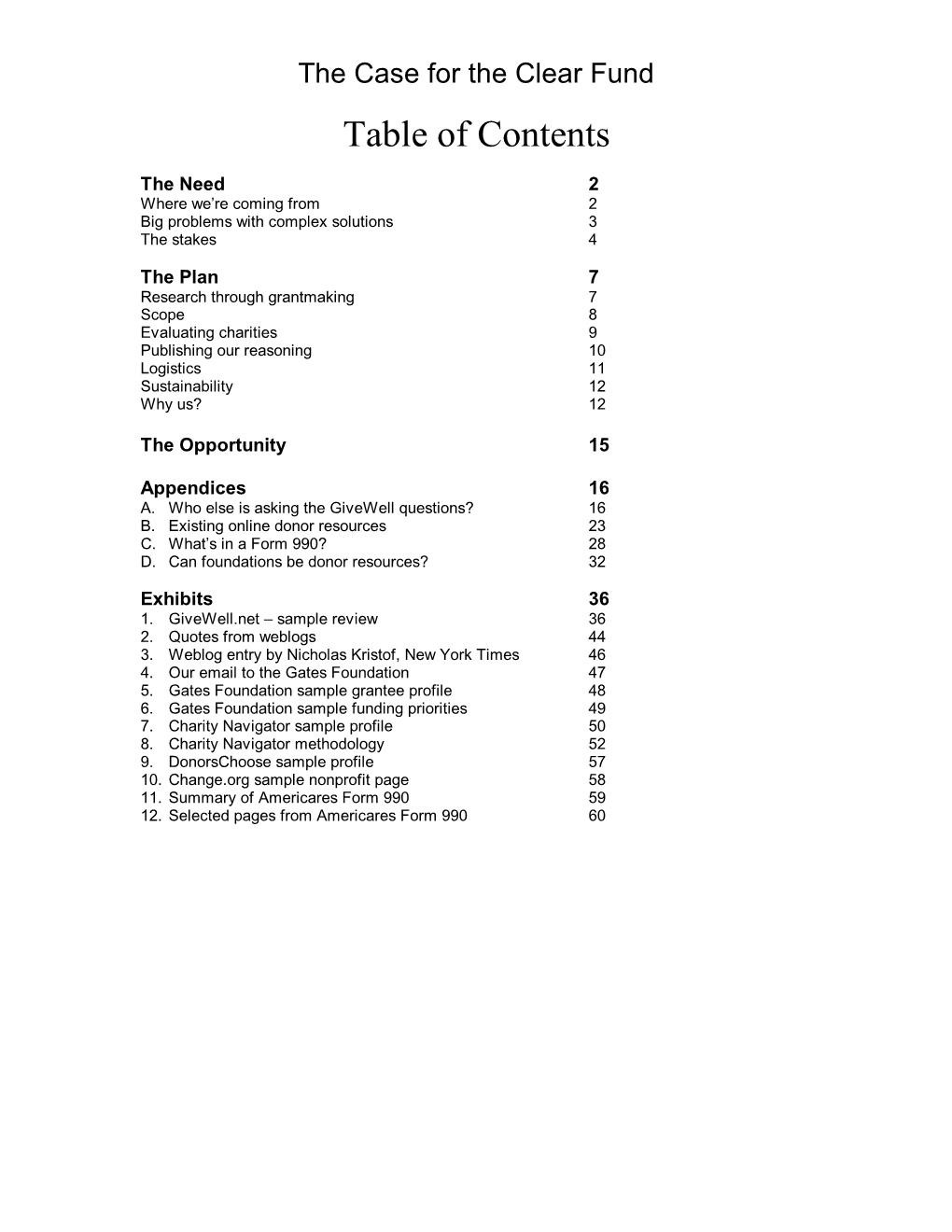 The Case for the Clear Fund Table of Contents