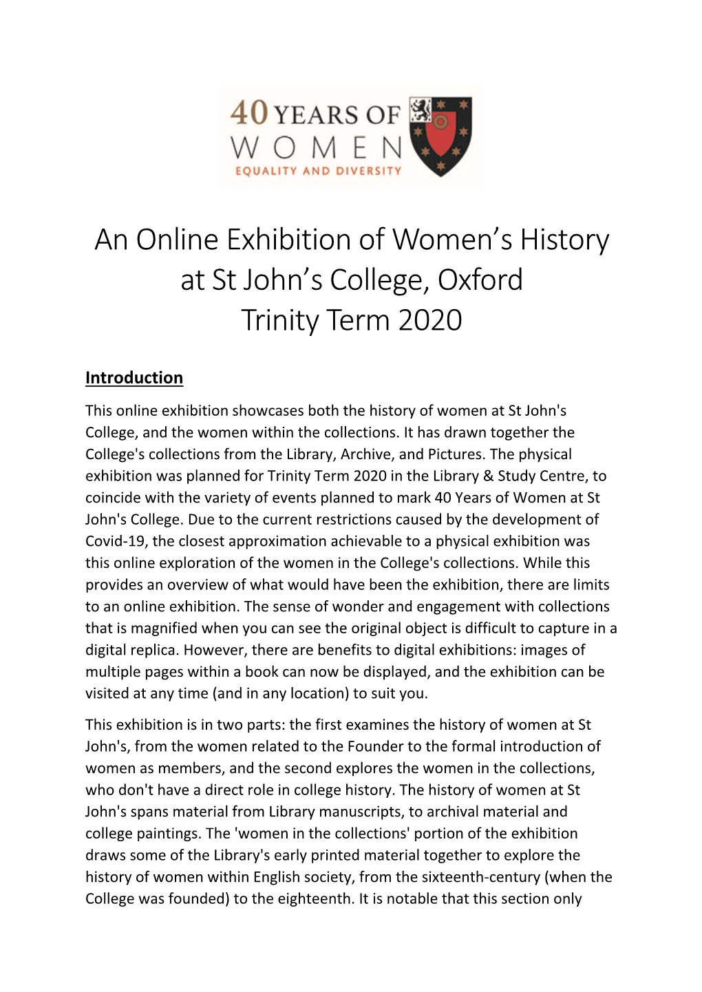 An Online Exhibition of Women's History at St John's College, Oxford