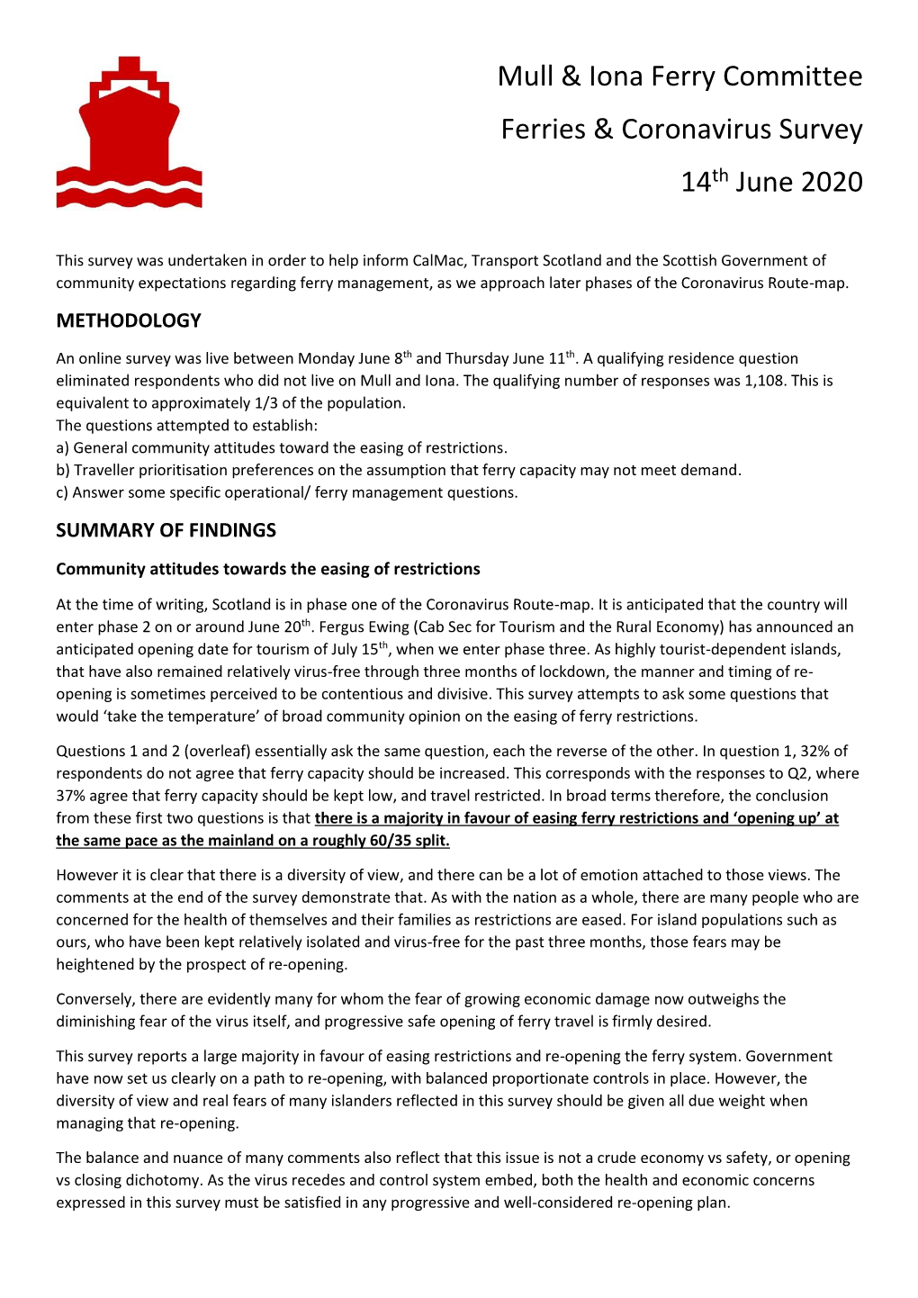 Mull & Iona Ferry Committee Ferries & Coronavirus Survey 14Th June 2020