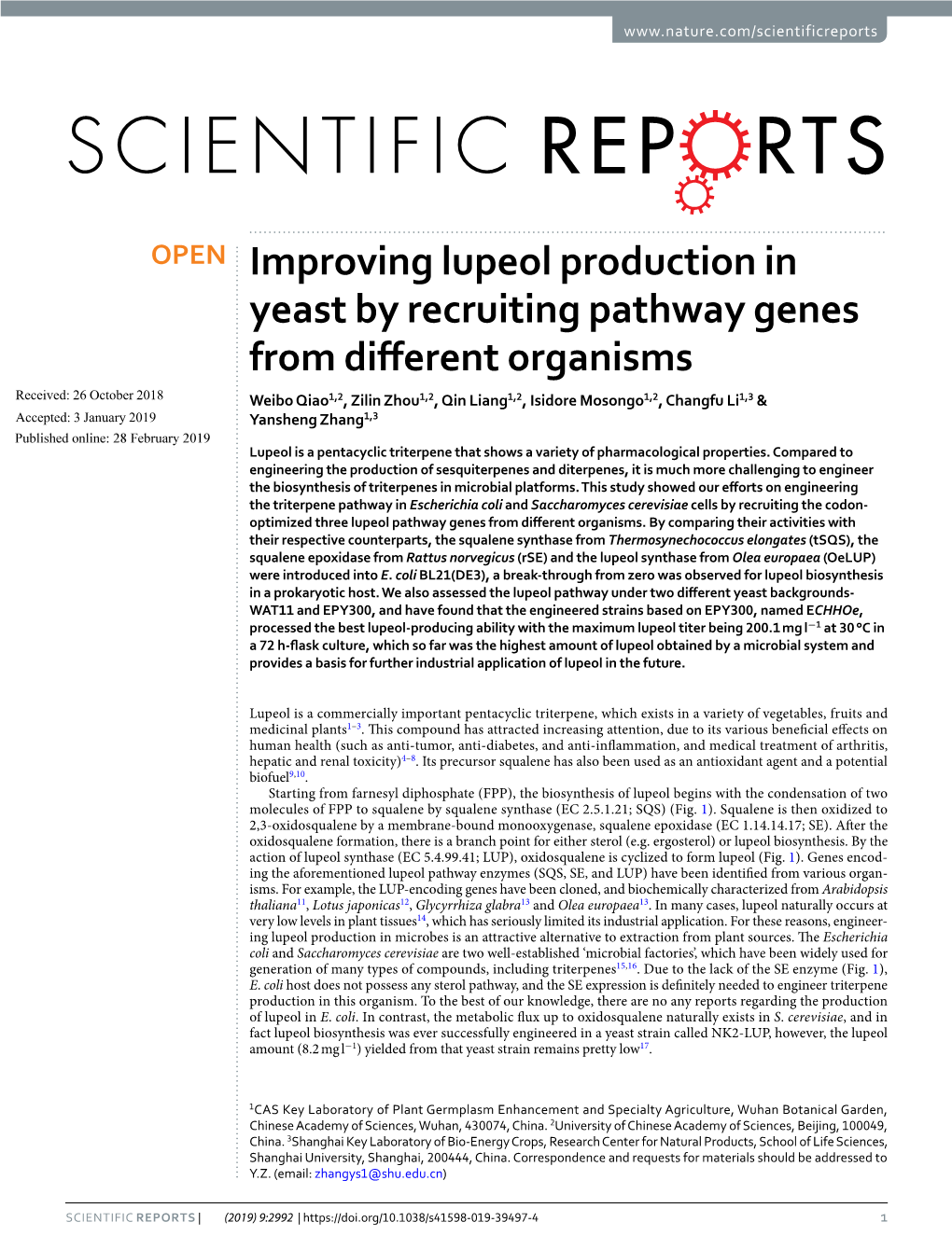 Improving Lupeol Production in Yeast by Recruiting Pathway Genes From