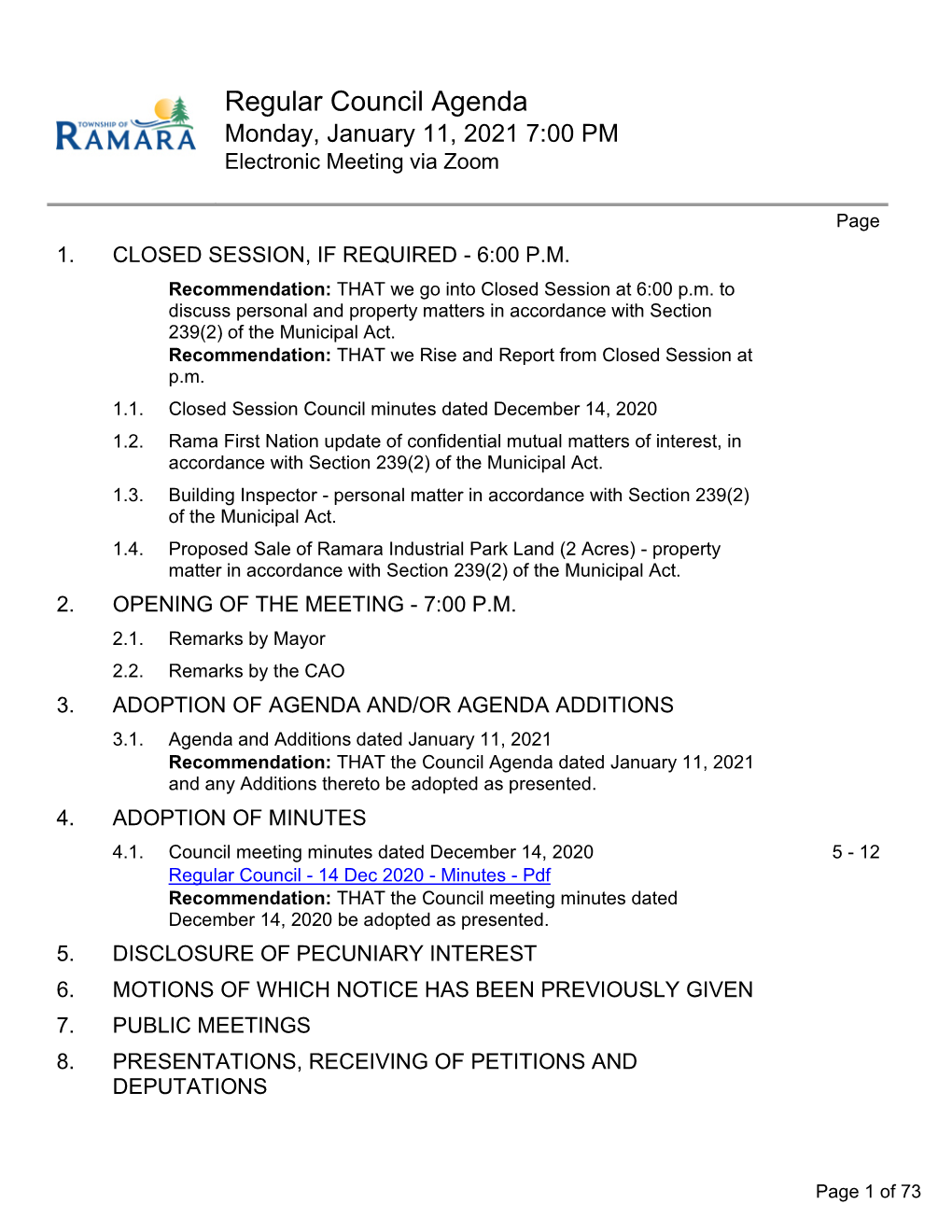 Regular Council Agenda Monday, January 11, 2021 7:00 PM Electronic Meeting Via Zoom