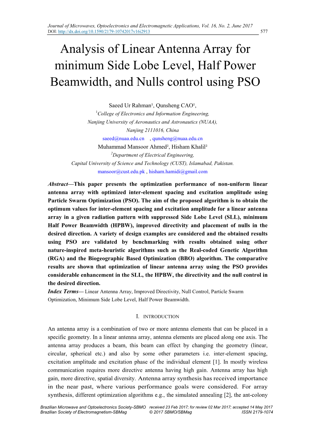 Analysis of Linear Antenna Array for Minimum Side Lobe Level, Half Power Beamwidth, and Nulls Control Using PSO