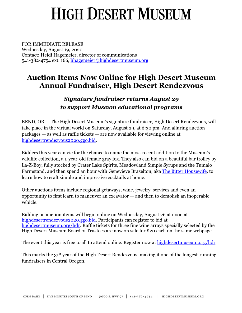 Auction Items Now Online for High Desert Museum Annual Fundraiser, High Desert Rendezvous