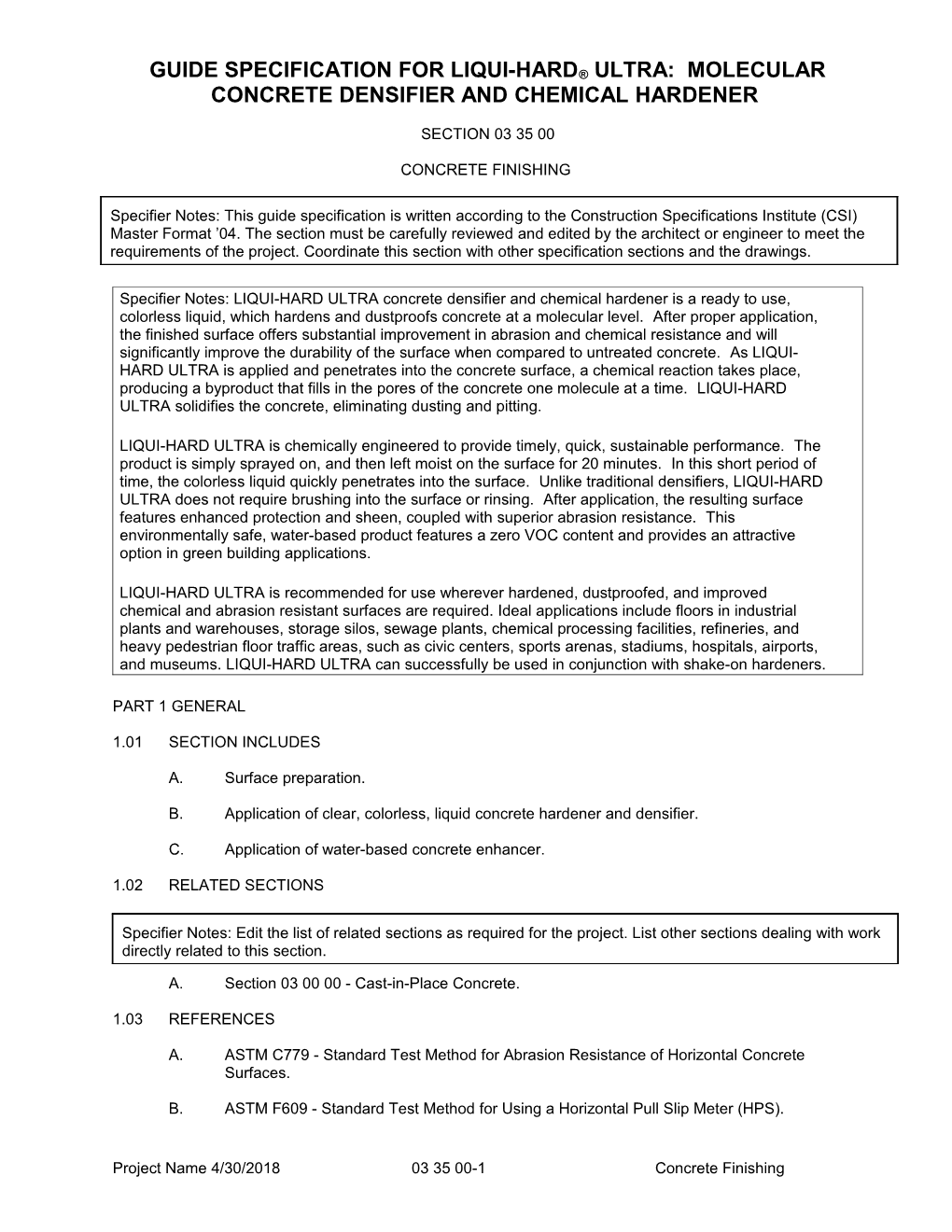 Guide Specification for Liqui-Hard Ultra: Molecular Concrete Densifier and Chemical Hardener