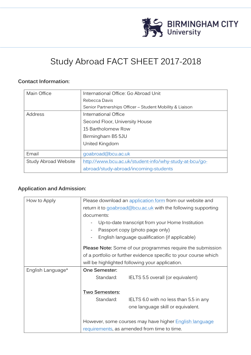 Study Abroad FACT SHEET 2017-2018