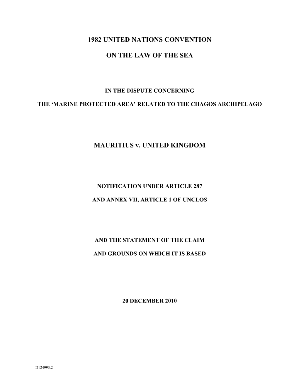 1982 UNITED NATIONS CONVENTION on the LAW of the SEA MAURITIUS V. UNITED KINGDOM