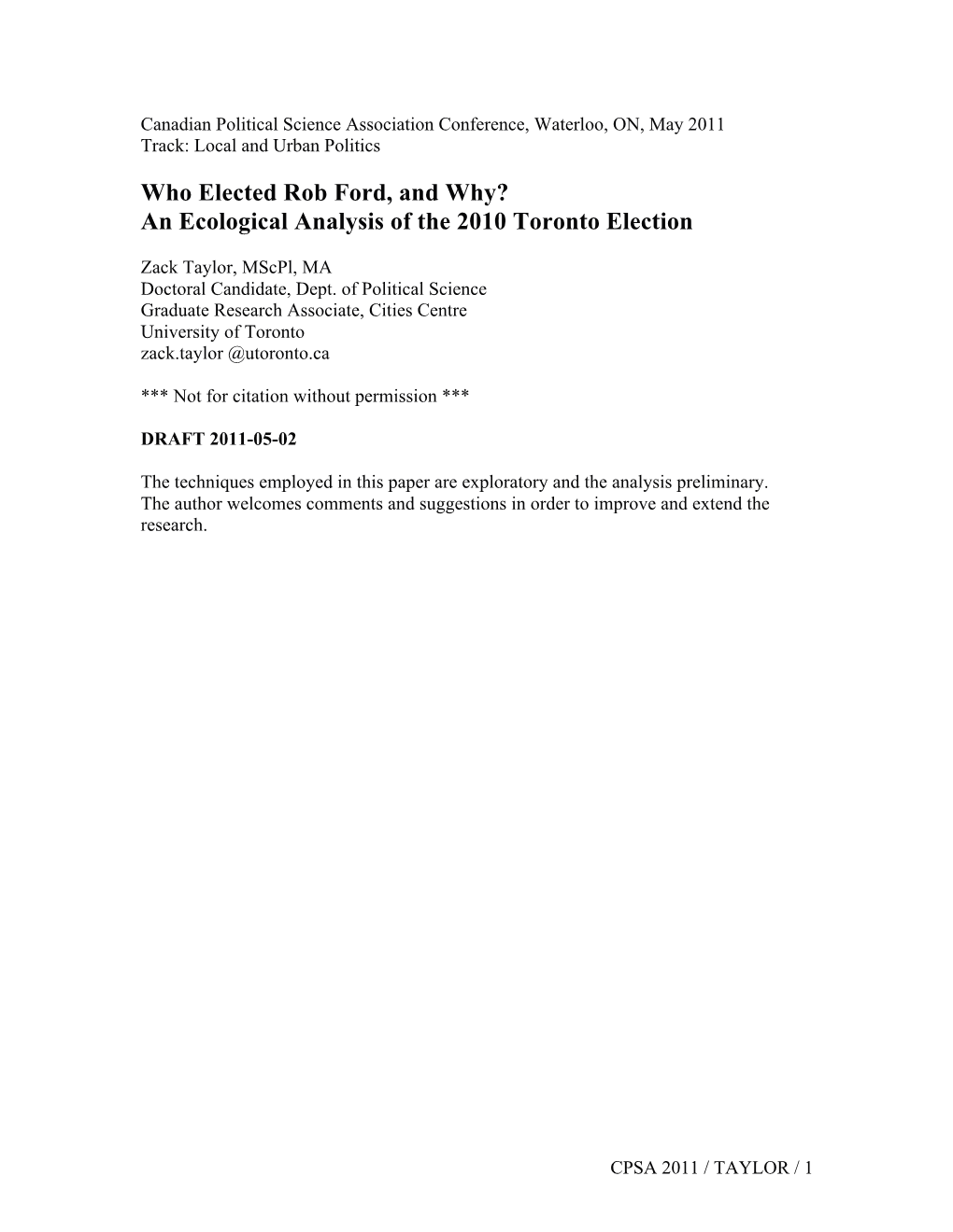 Who Elected Rob Ford, and Why? an Ecological Analysis of the 2010 Toronto Election