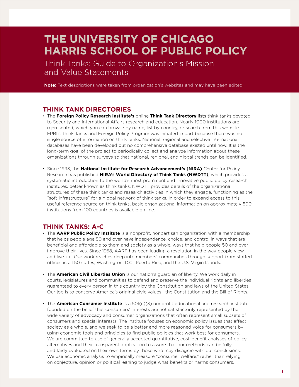 Think Tanks: Guide to Organization’S Mission and Value Statements