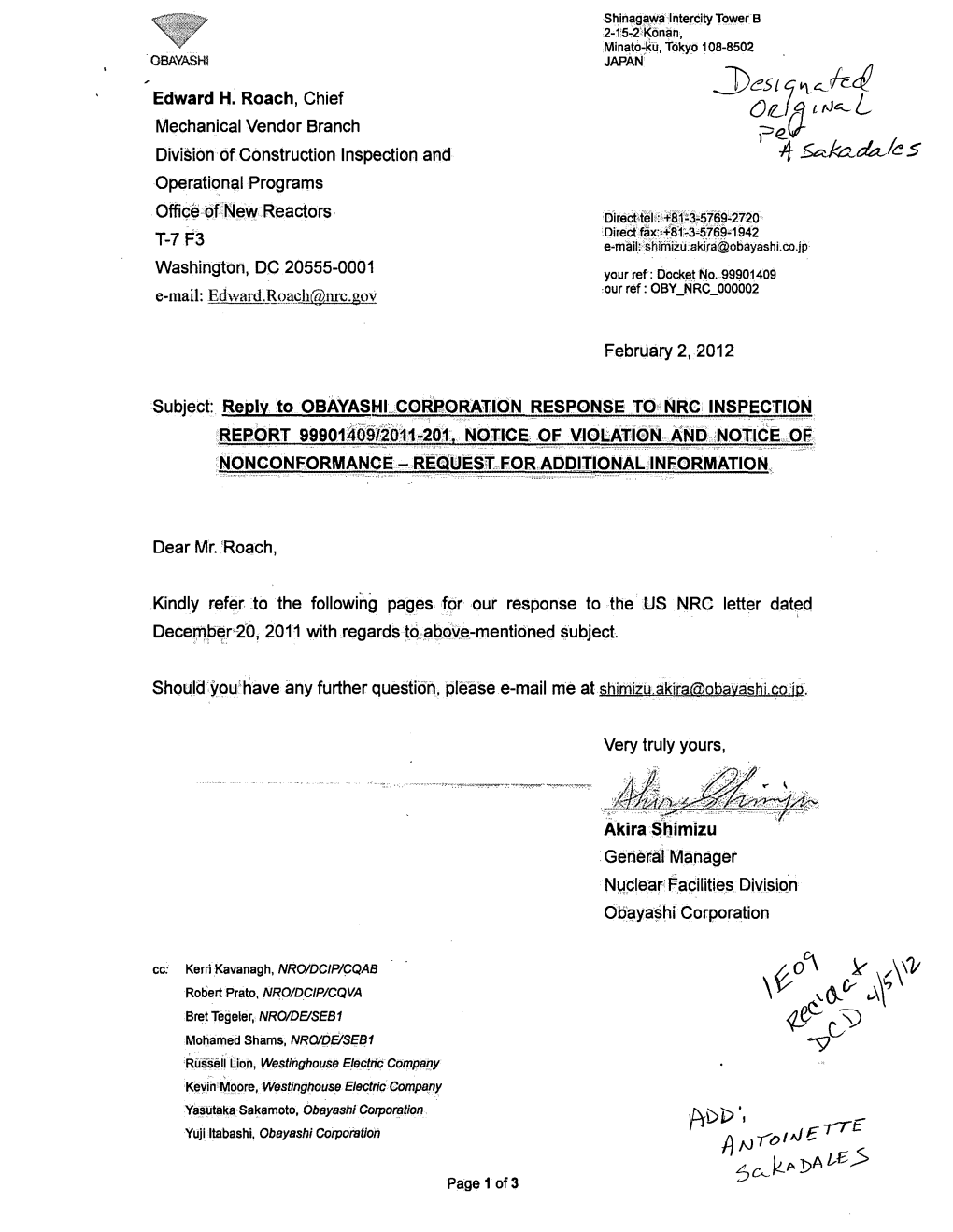 Reply to Obayashi Corporation Response to NRC Inspection Report 99901409/2011-201, Notice of Violation and Notice of Nonconforma