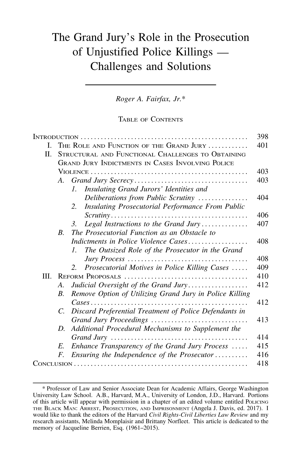 The Grand Jury's Role in the Prosecution of Unjustified Police Killings — Challenges and Solutions