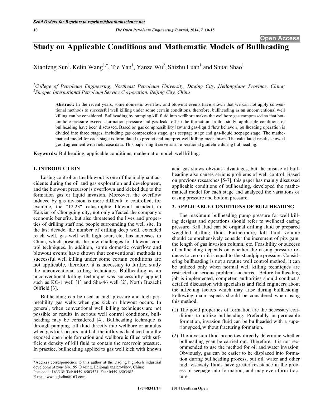 Study on Applicable Conditions and Mathematic Models of Bullheading