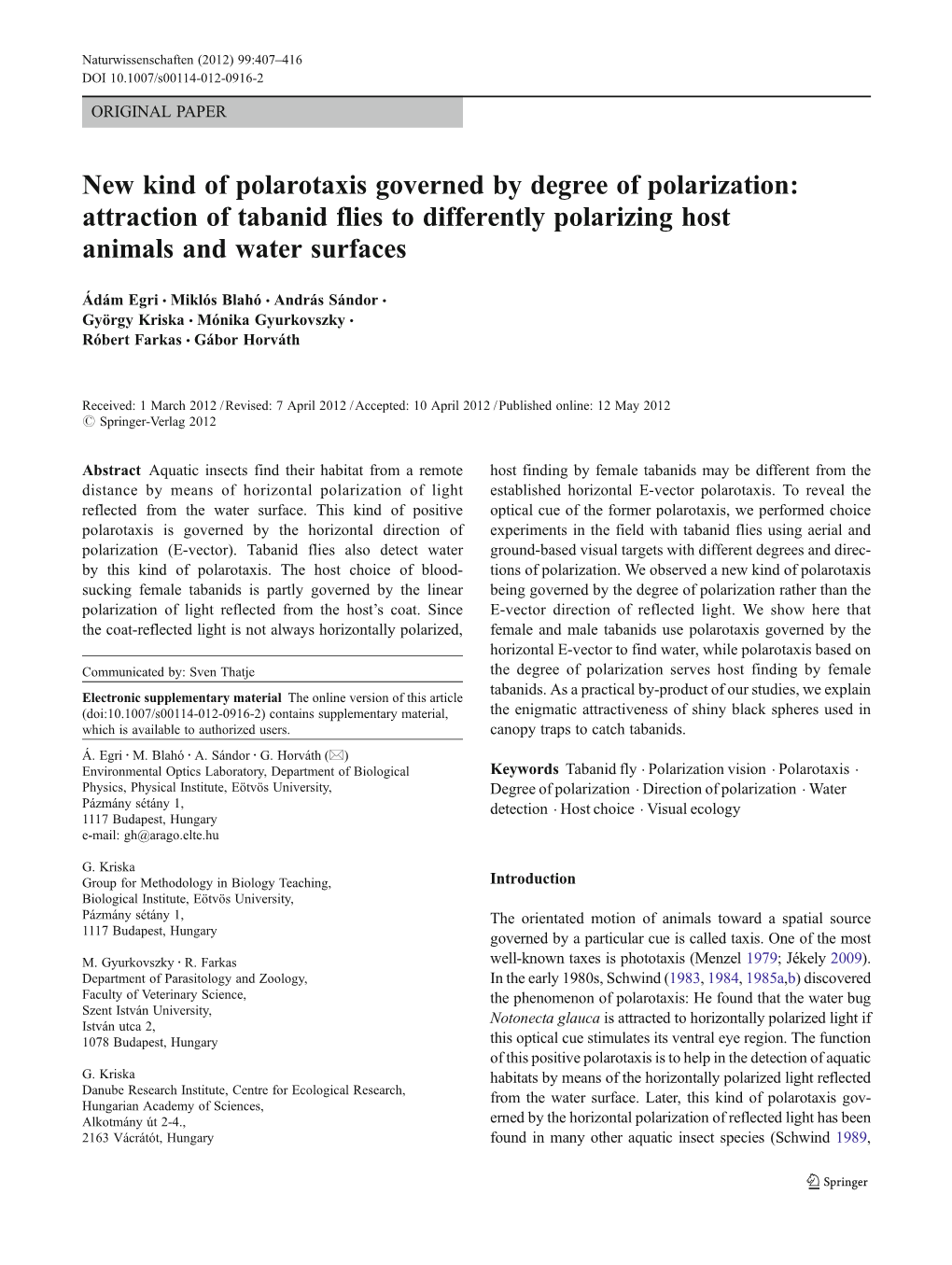 Attraction of Tabanid Flies to Differently Polarizing Host Animals and Water Surfaces