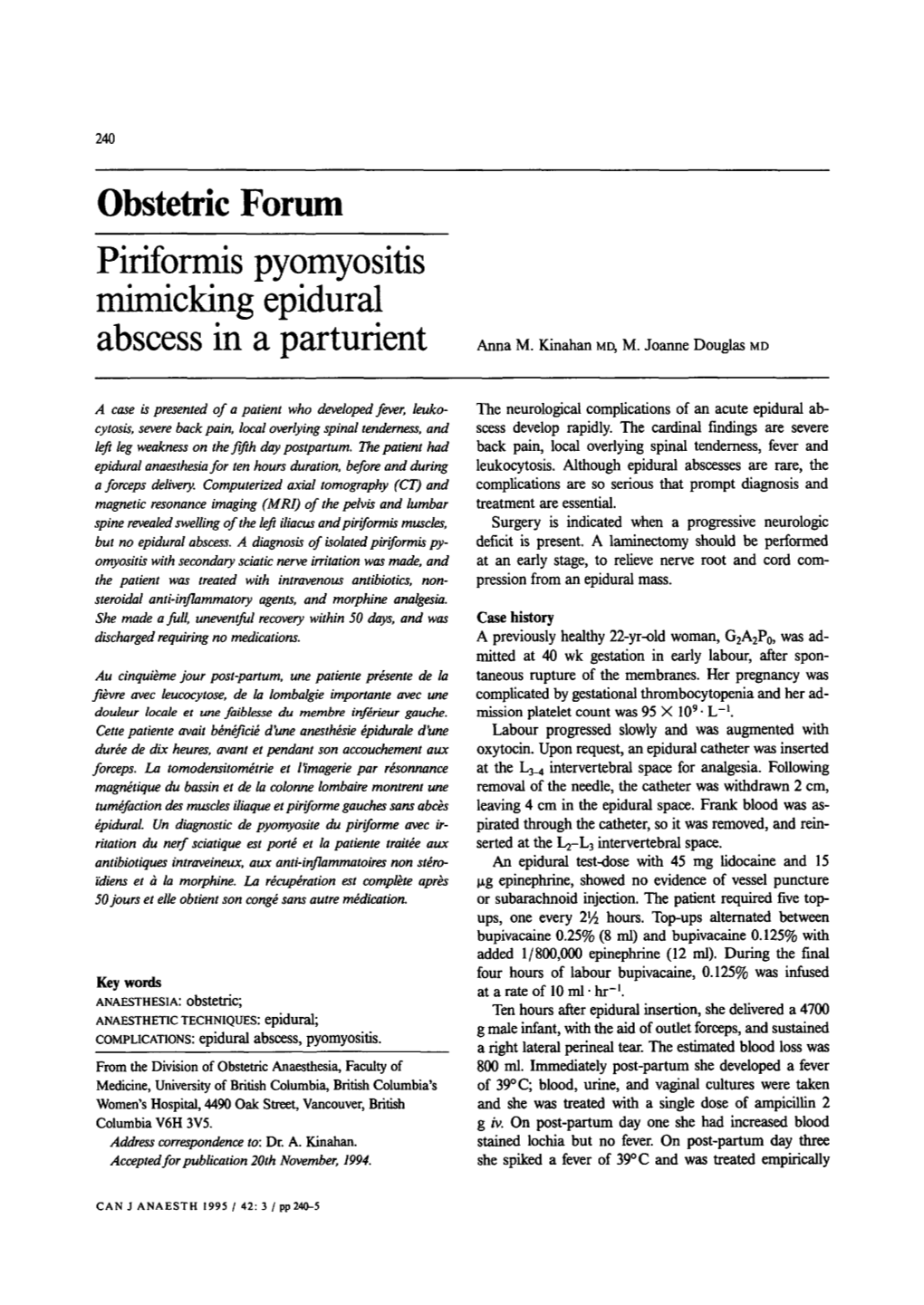 Piriformis Pyomyositis Mimicking Epidural Abscess in a Parturient Anna M