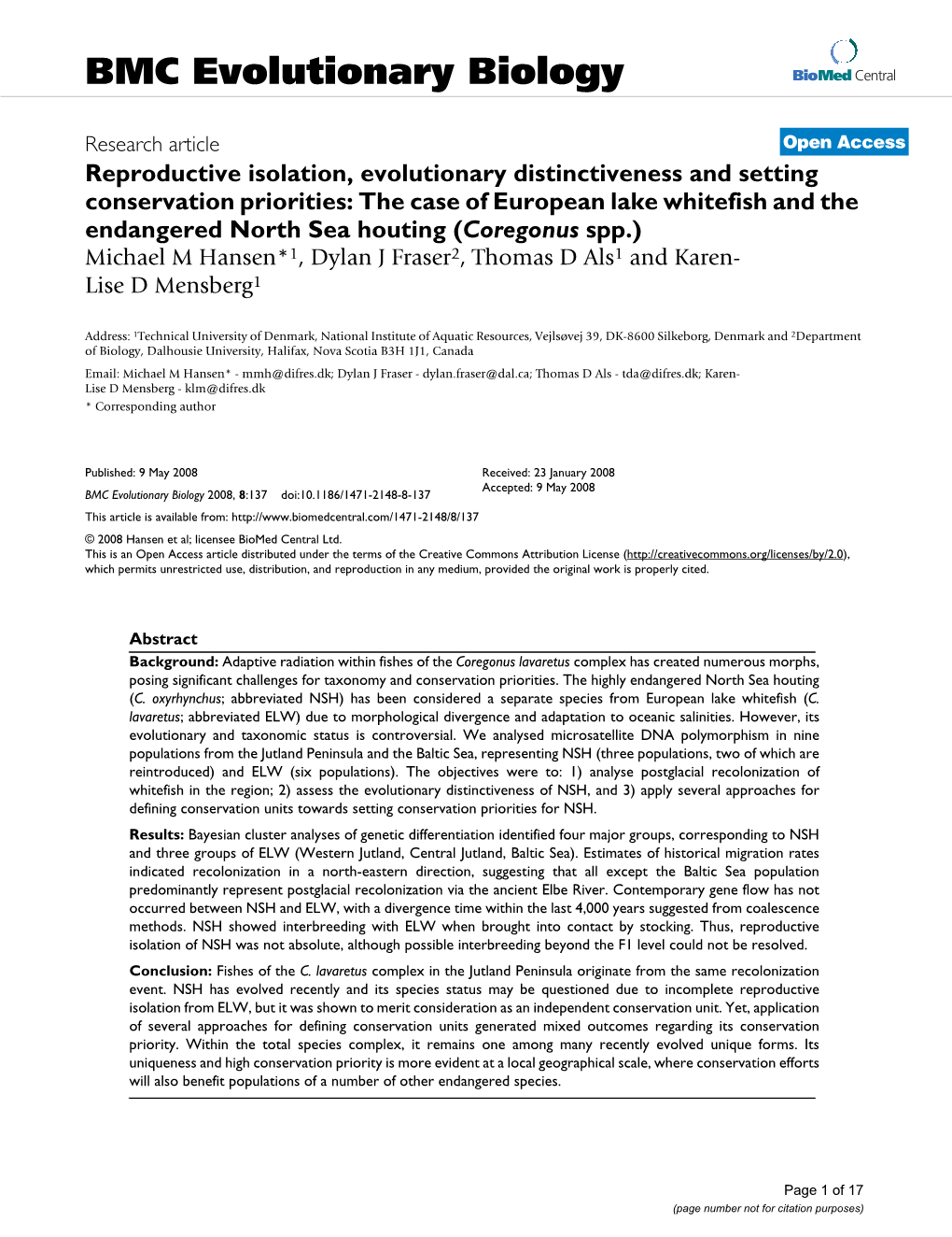 Reproductive Isolation, Evolutionary Distinctiveness and Setting Conservation Priorities: the Case of European Lake Whitefish and the Endangered North Sea Houting (Coregonus Spp.)