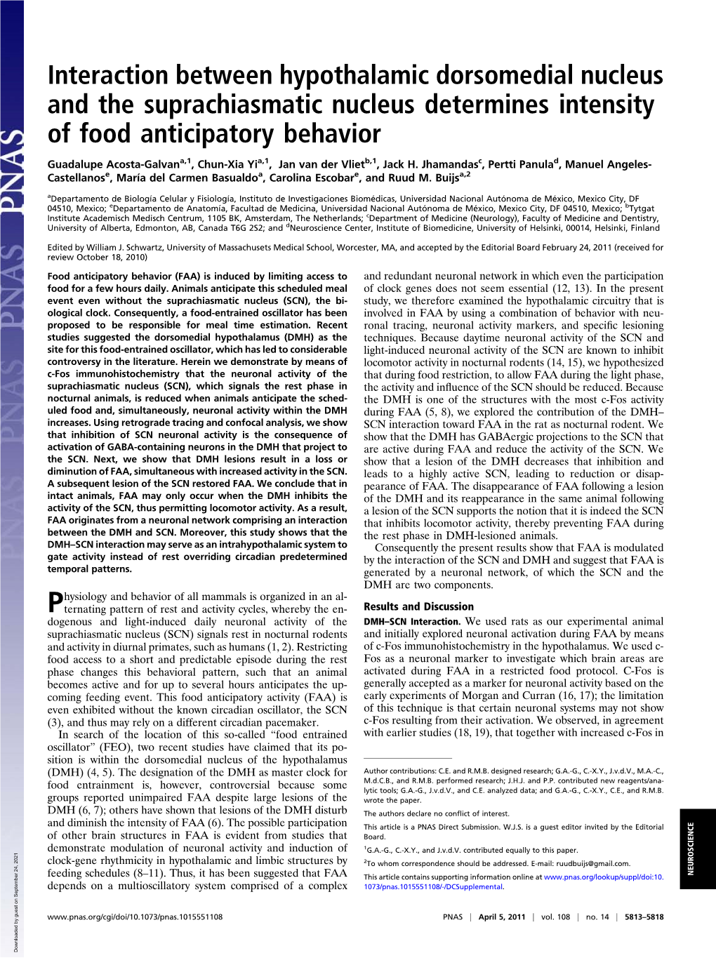 Interaction Between Hypothalamic Dorsomedial Nucleus and the Suprachiasmatic Nucleus Determines Intensity of Food Anticipatory Behavior