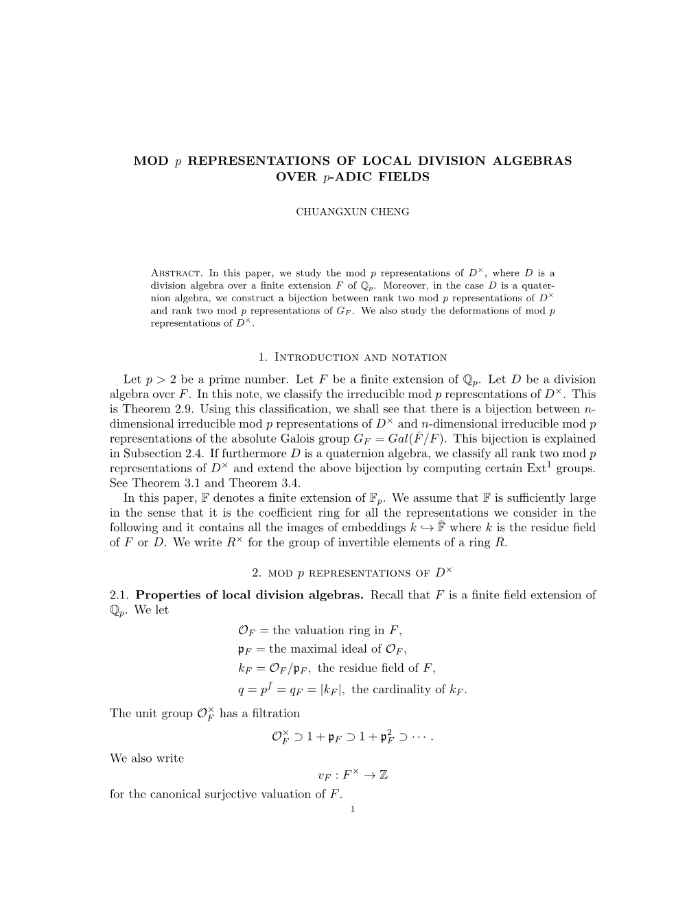 MOD P REPRESENTATIONS of LOCAL DIVISION ALGEBRAS OVER P-ADIC FIELDS