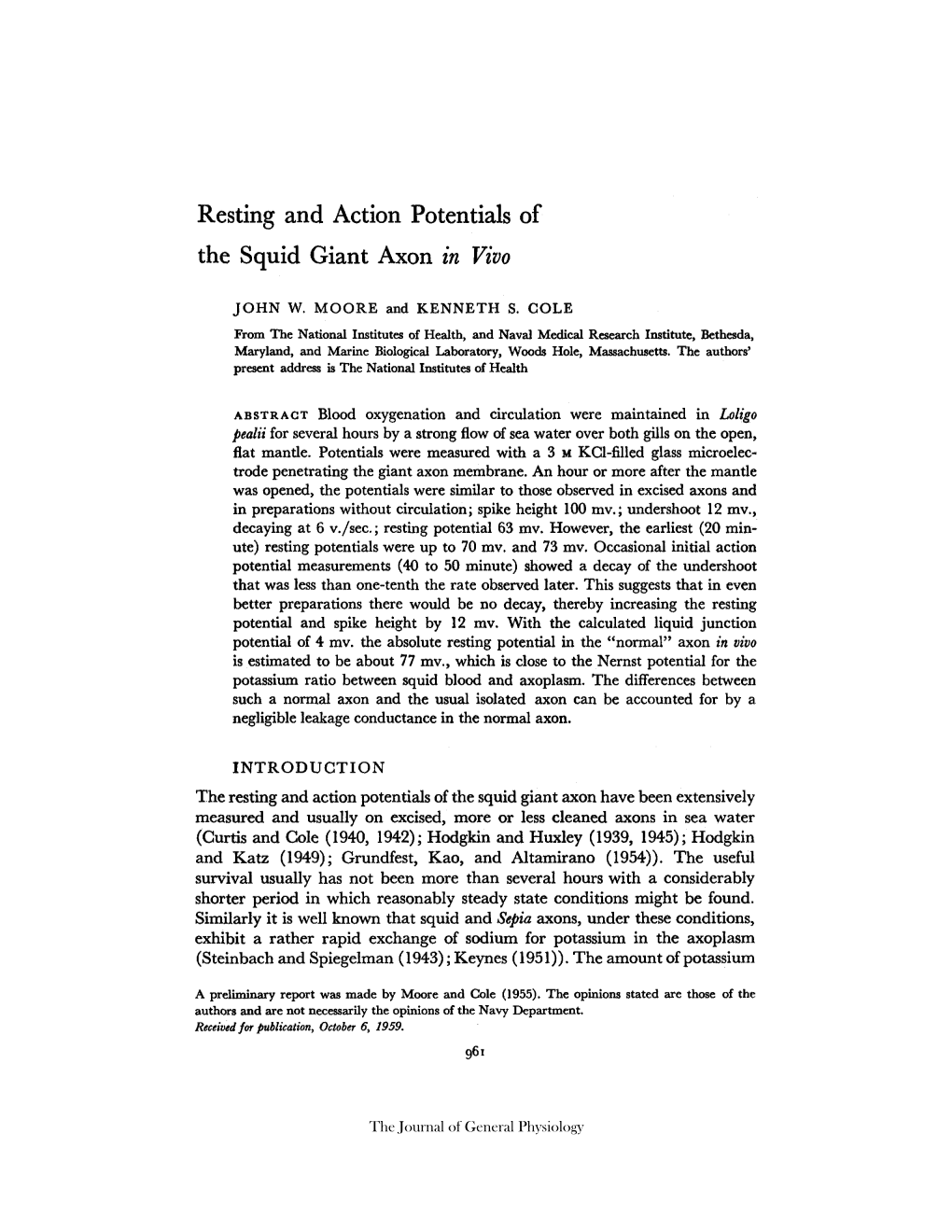 Resting and Action Potentials of the Squid Giant Axon in Fivo