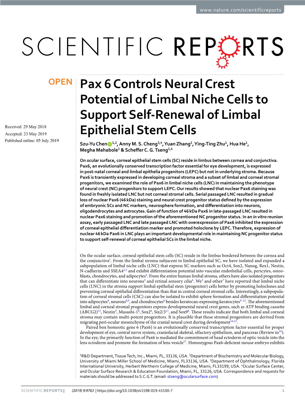 Pax 6 Controls Neural Crest Potential of Limbal Niche Cells to Support Self-Renewal of Limbal Epithelial Stem Cells