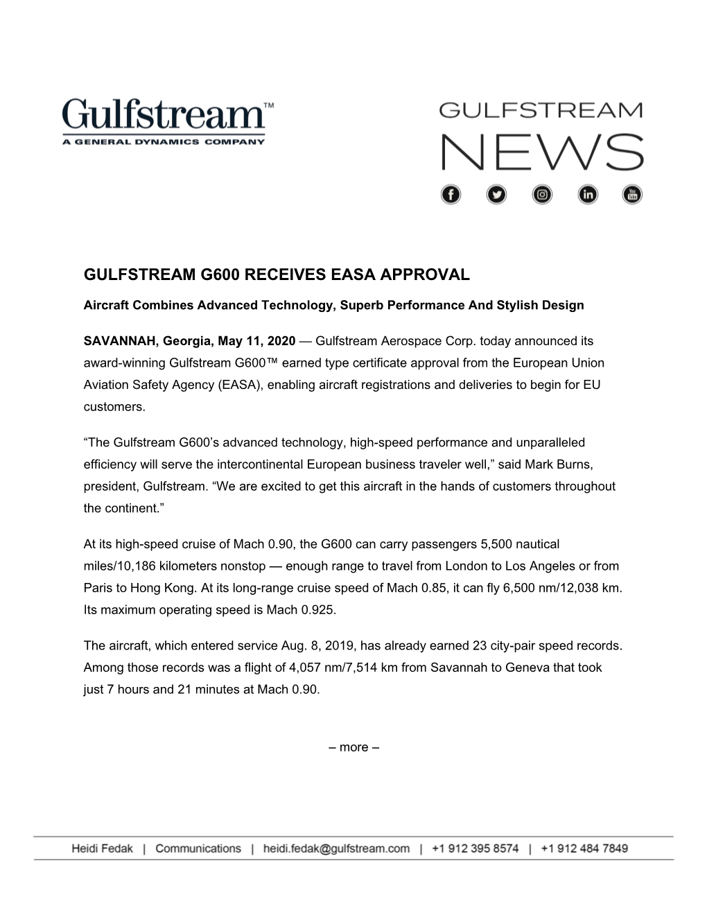 Gulfstream News Release