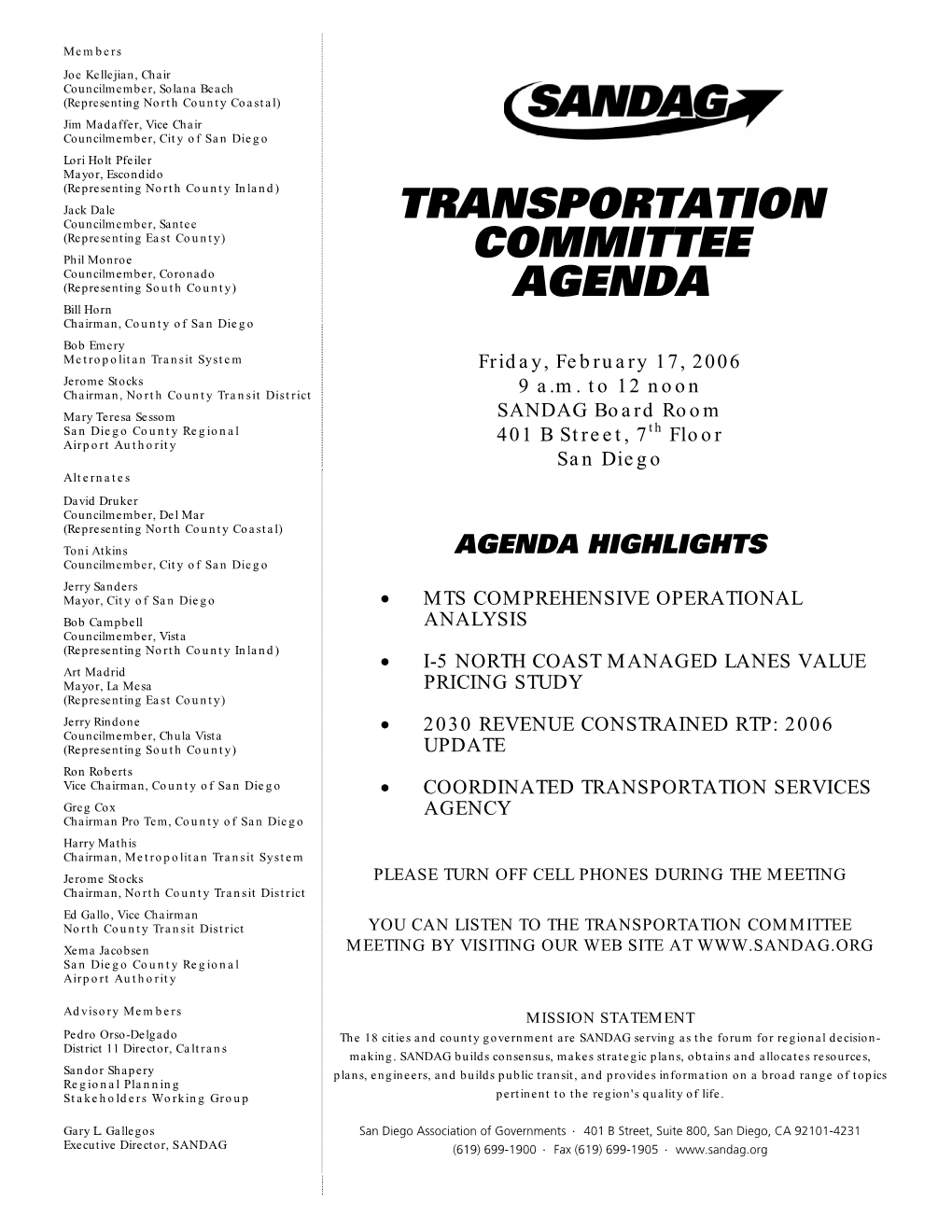 Transportation Committee Agenda