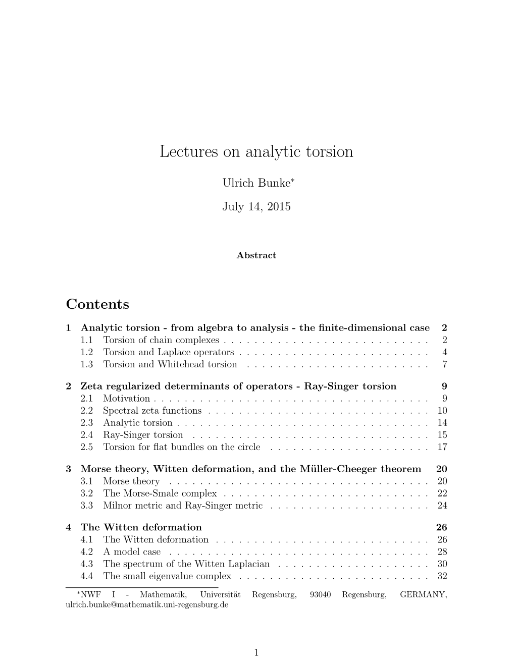 Lectures on Analytic Torsion