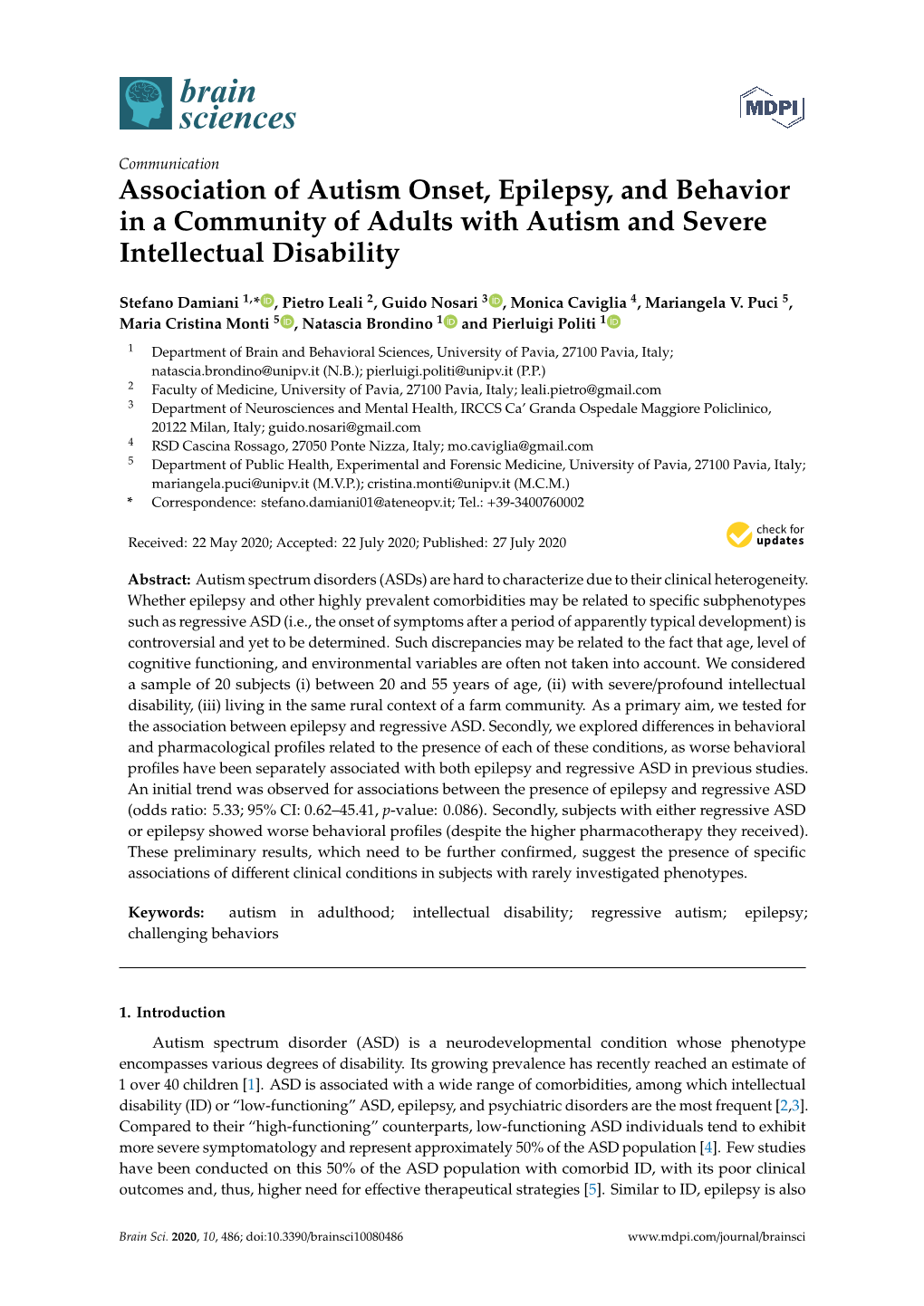 Association of Autism Onset, Epilepsy, and Behavior in a Community of Adults with Autism and Severe Intellectual Disability