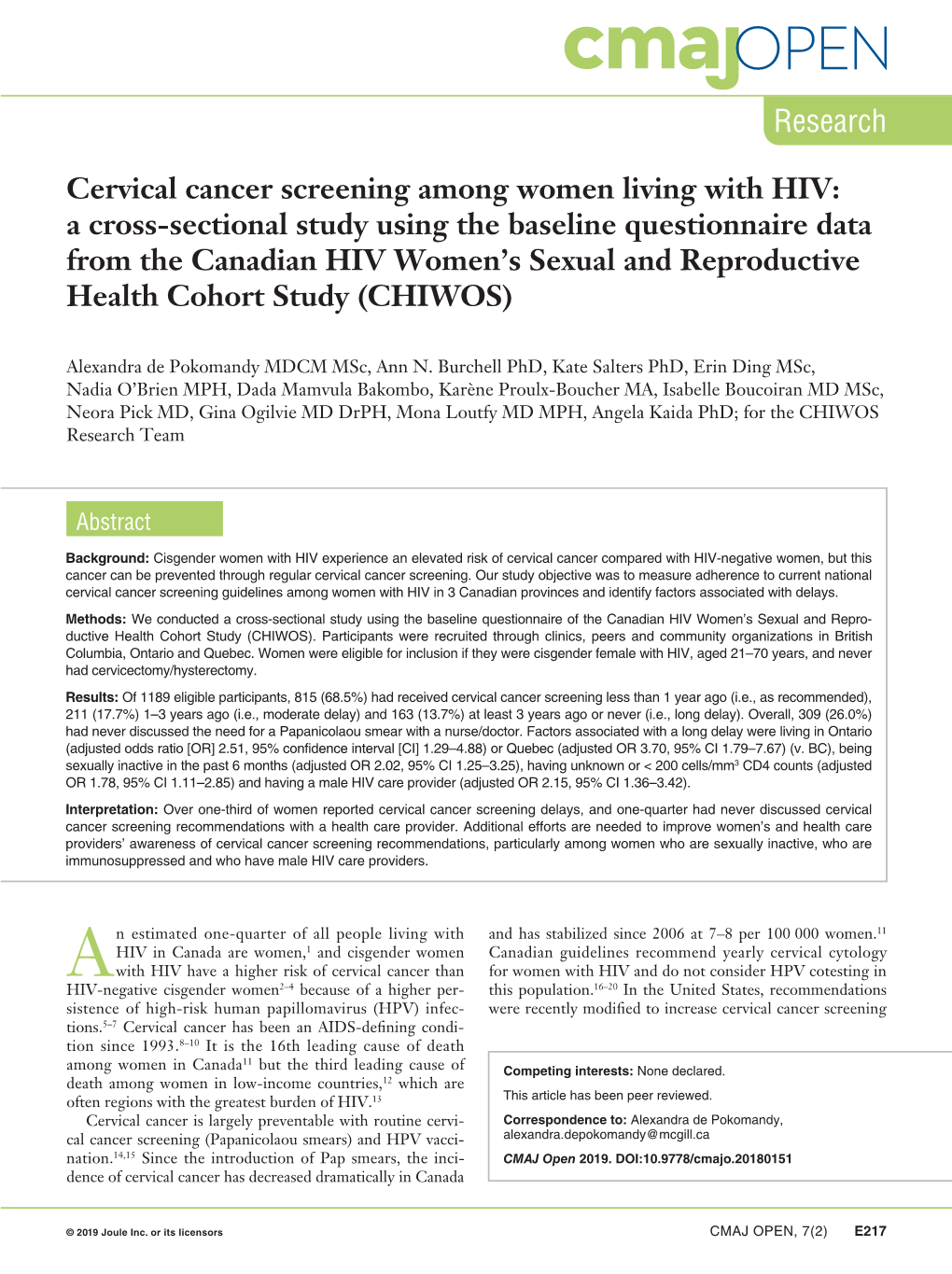 Cervical Cancer Screening Among Women Living With