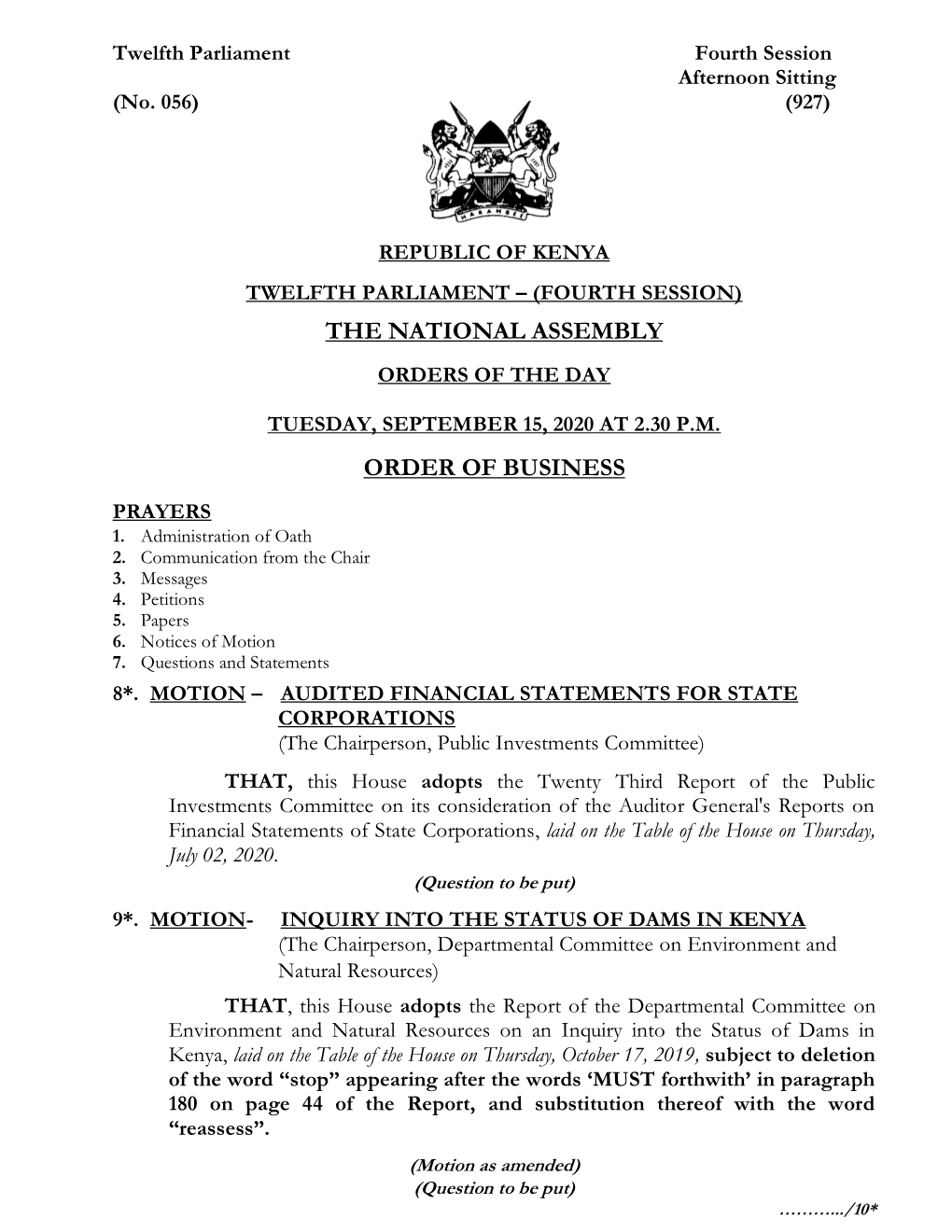 The National Assembly Order of Business