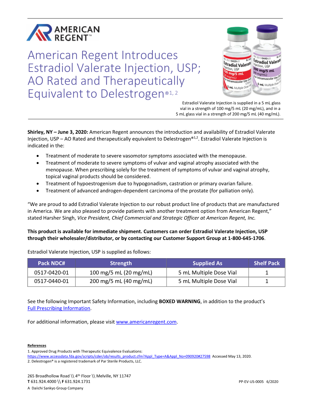 American Regent Introduces Estradiol Valerate Injection, USP; AO Rated